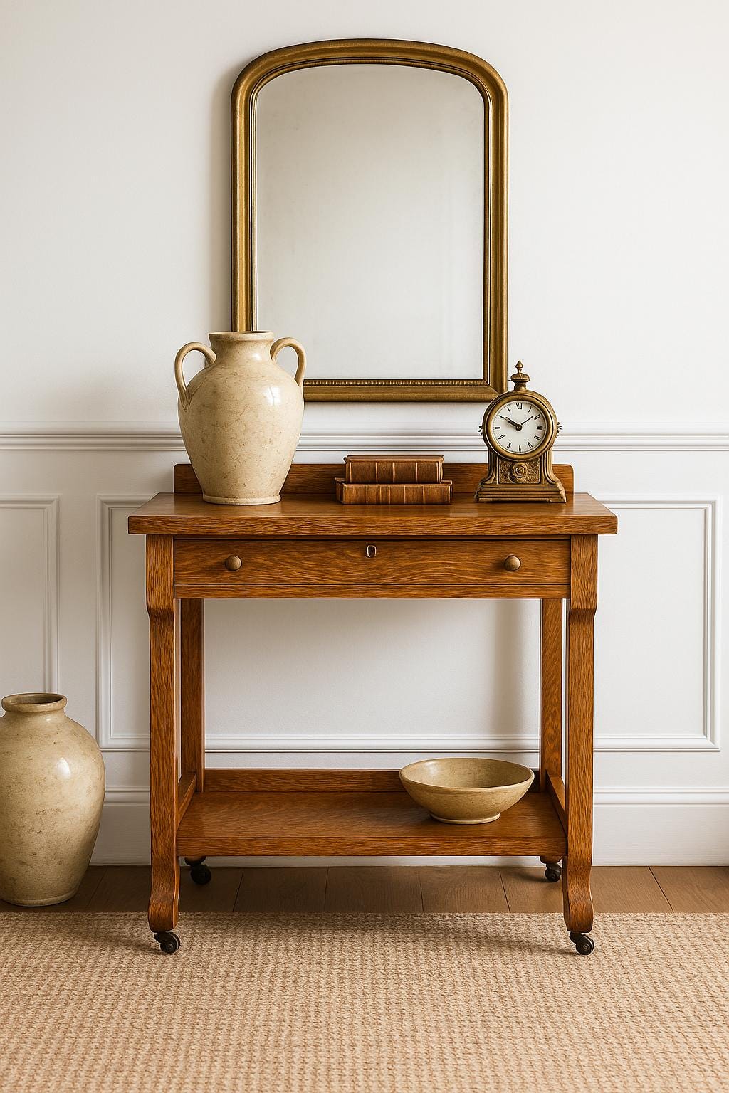 Antique Early 1900's Tiger Oak Wood Server Accent Table on Casters