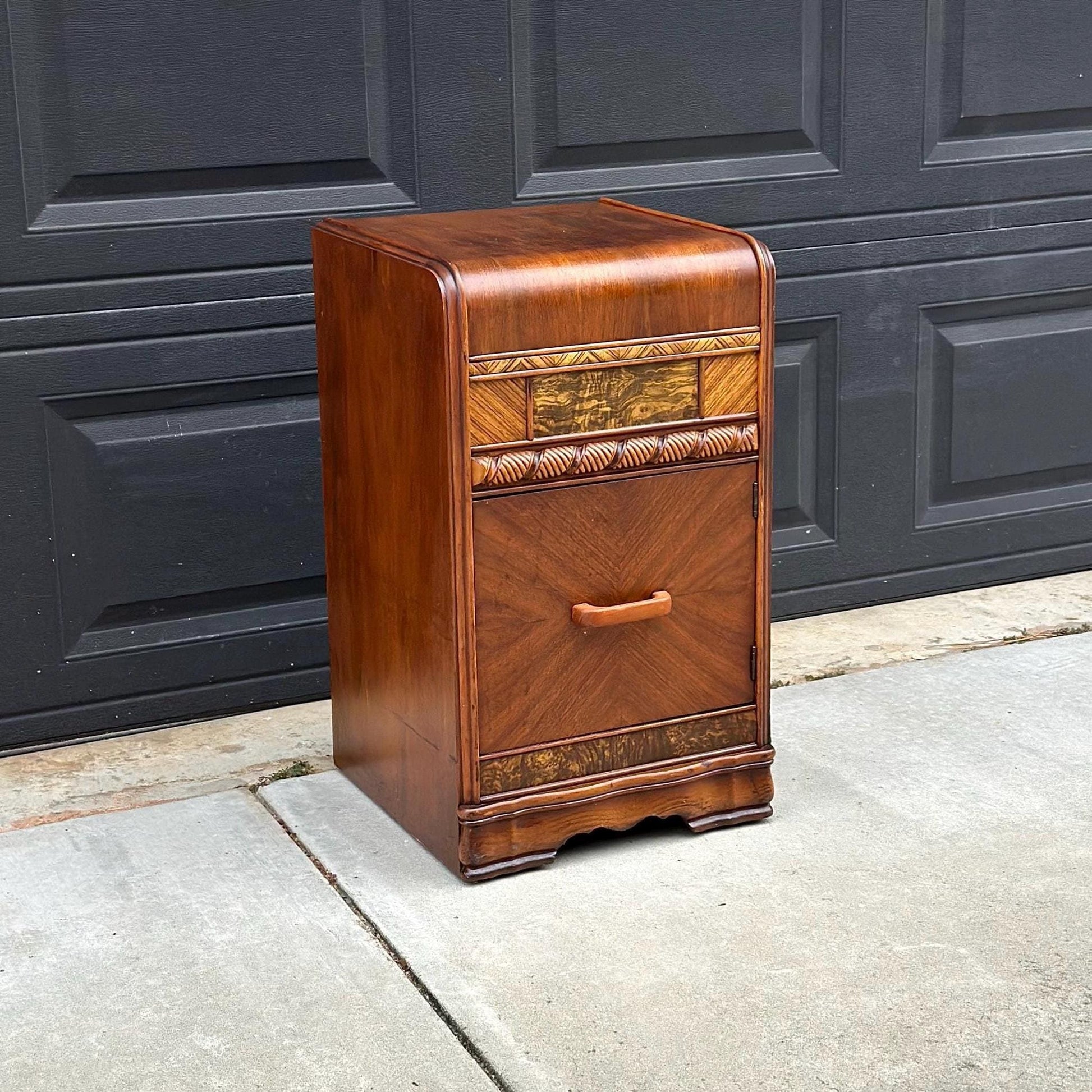 Antique Early 1900's Waterfall Walnut & Burl Wood Bedside Table with Cabinet