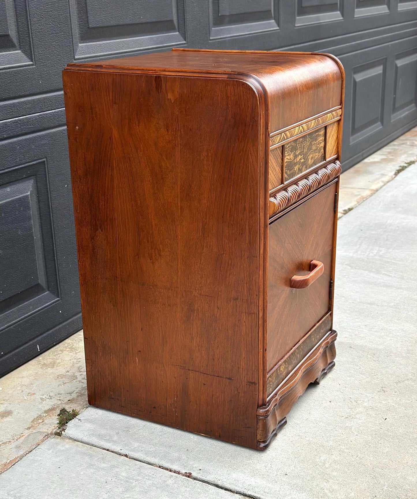 Antique Early 1900's Waterfall Walnut & Burl Wood Bedside Table with Cabinet