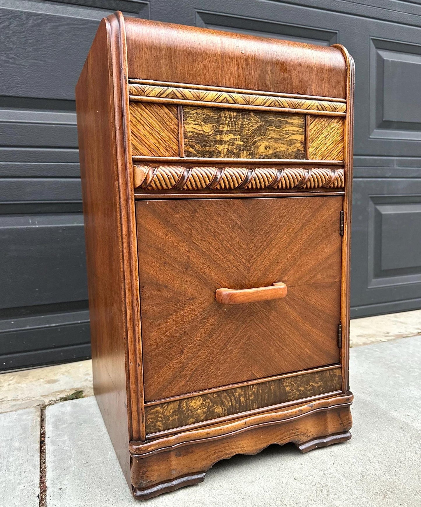Antique Early 1900's Waterfall Walnut & Burl Wood Bedside Table with Cabinet