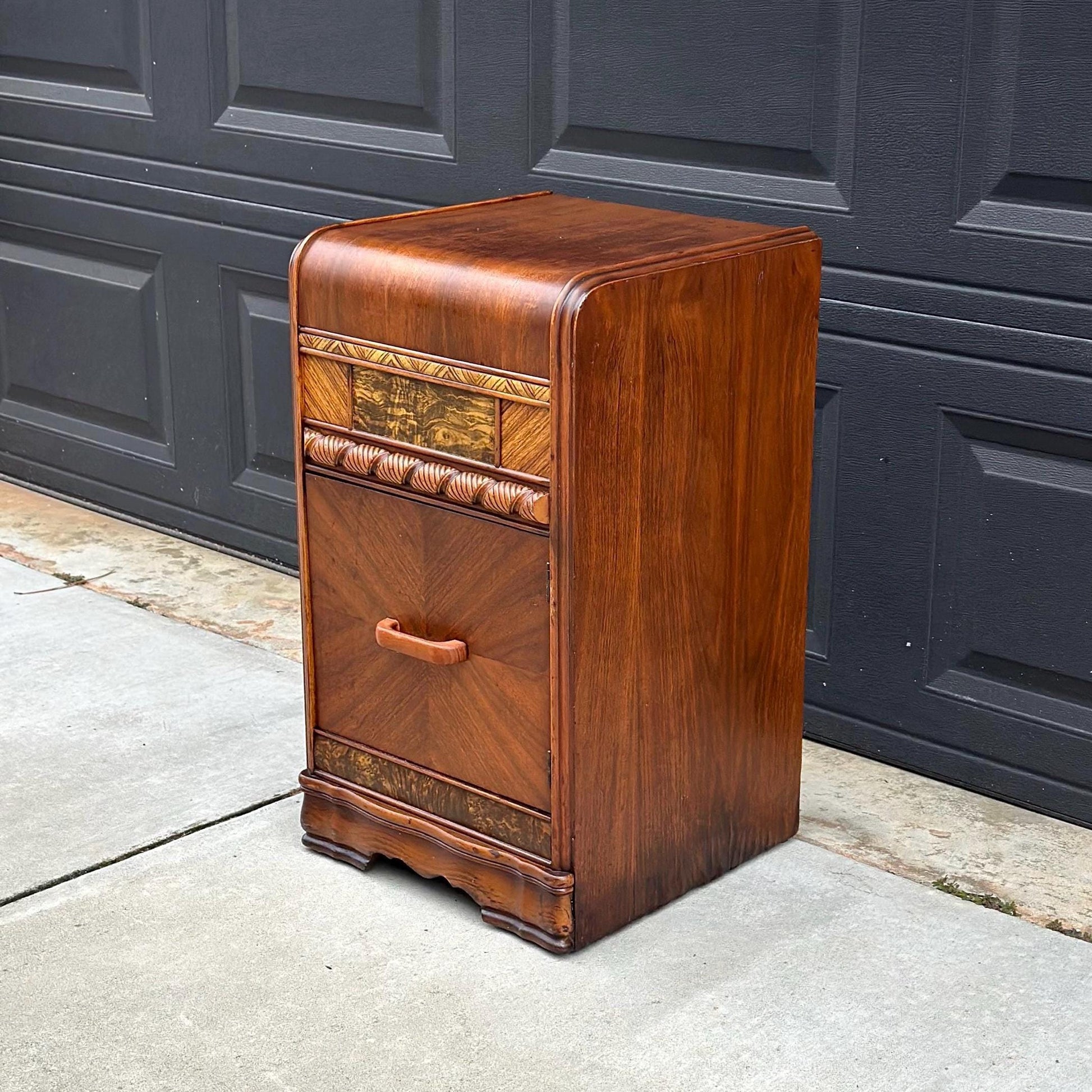 Antique Early 1900's Waterfall Walnut & Burl Wood Bedside Table with Cabinet