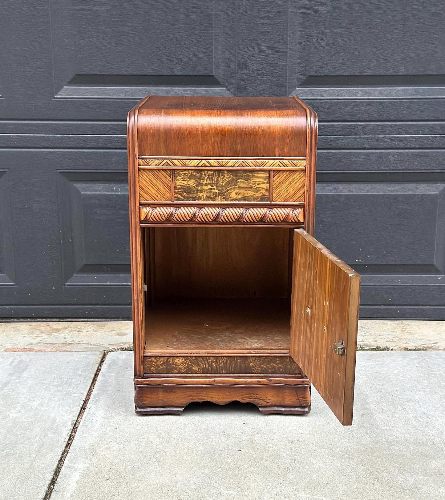 Antique Early 1900's Waterfall Walnut & Burl Wood Bedside Table with Cabinet