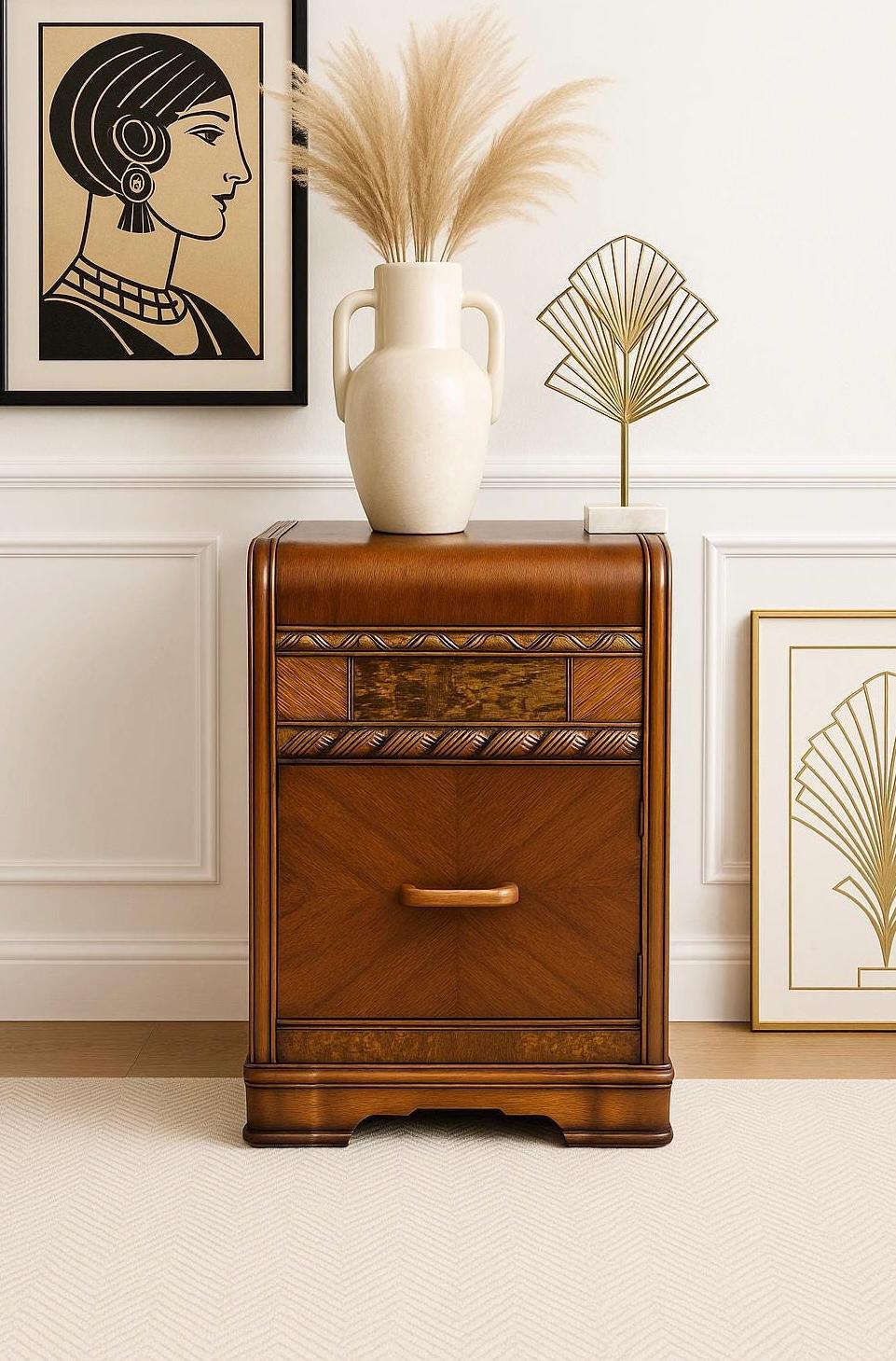 Antique Early 1900's Waterfall Walnut & Burl Wood Bedside Table with Cabinet