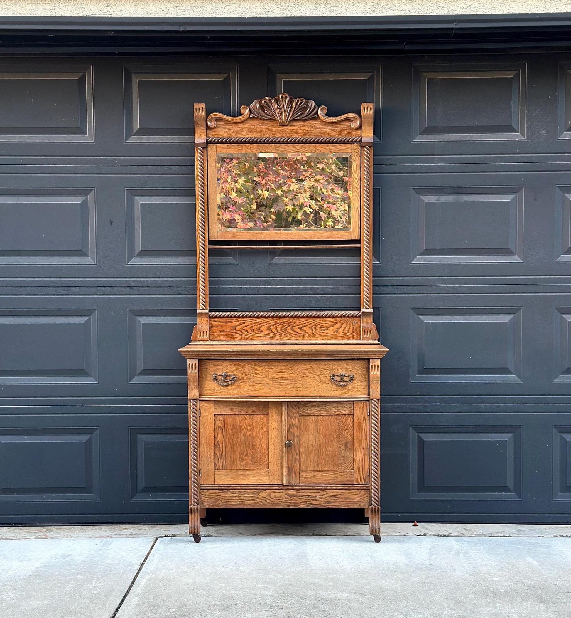 Antique Early 1900's Solid Wood Tiger Oak Washstand on Casters