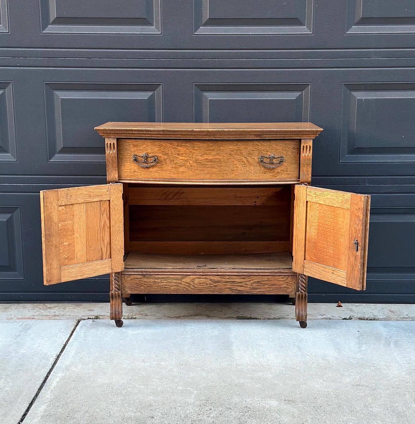Antique Early 1900's Solid Tiger Oak Wood Single Drawer Console Cabinet on Casters