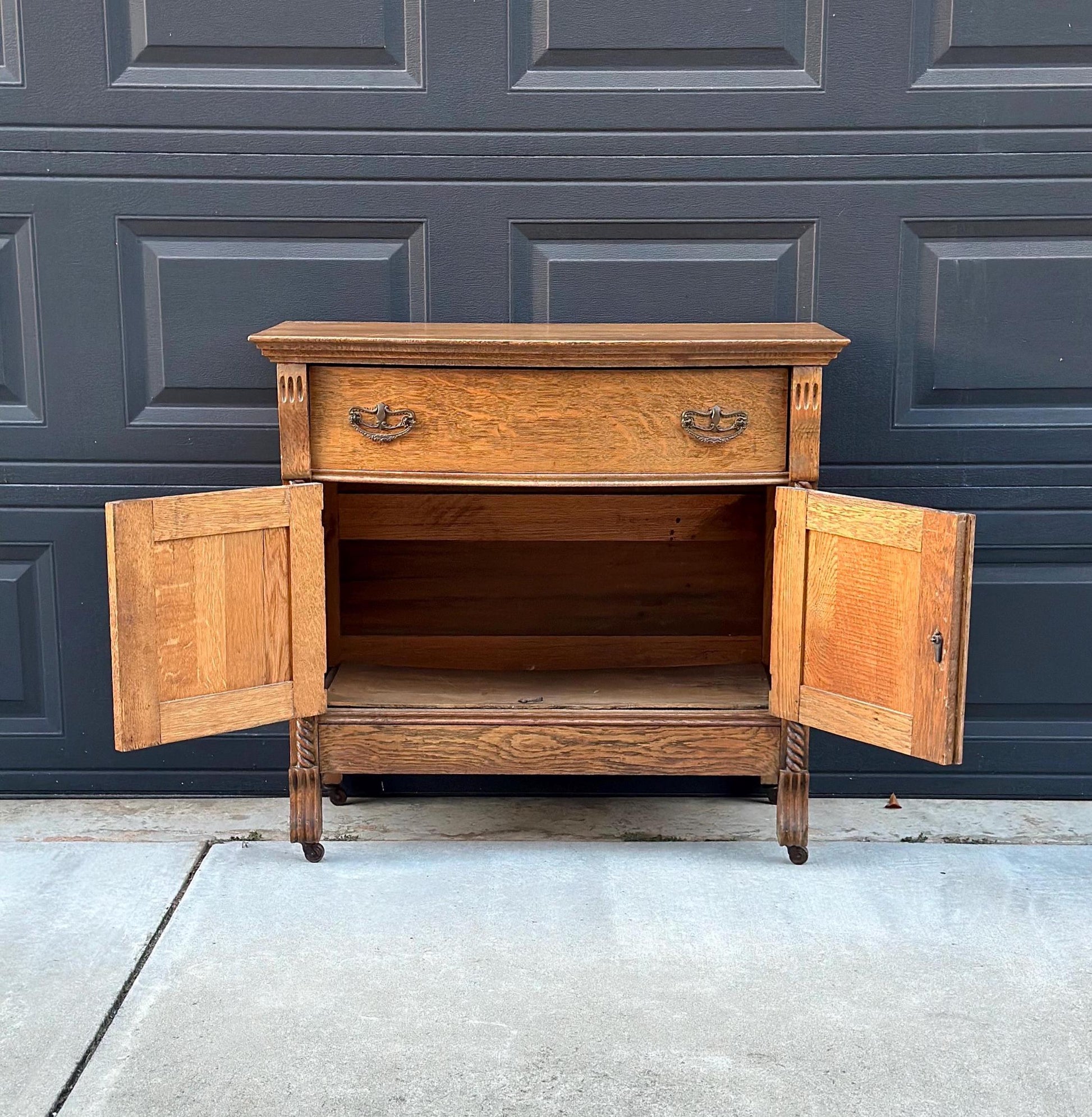 Antique Early 1900's Solid Tiger Oak Wood Single Drawer Console Cabinet on Casters