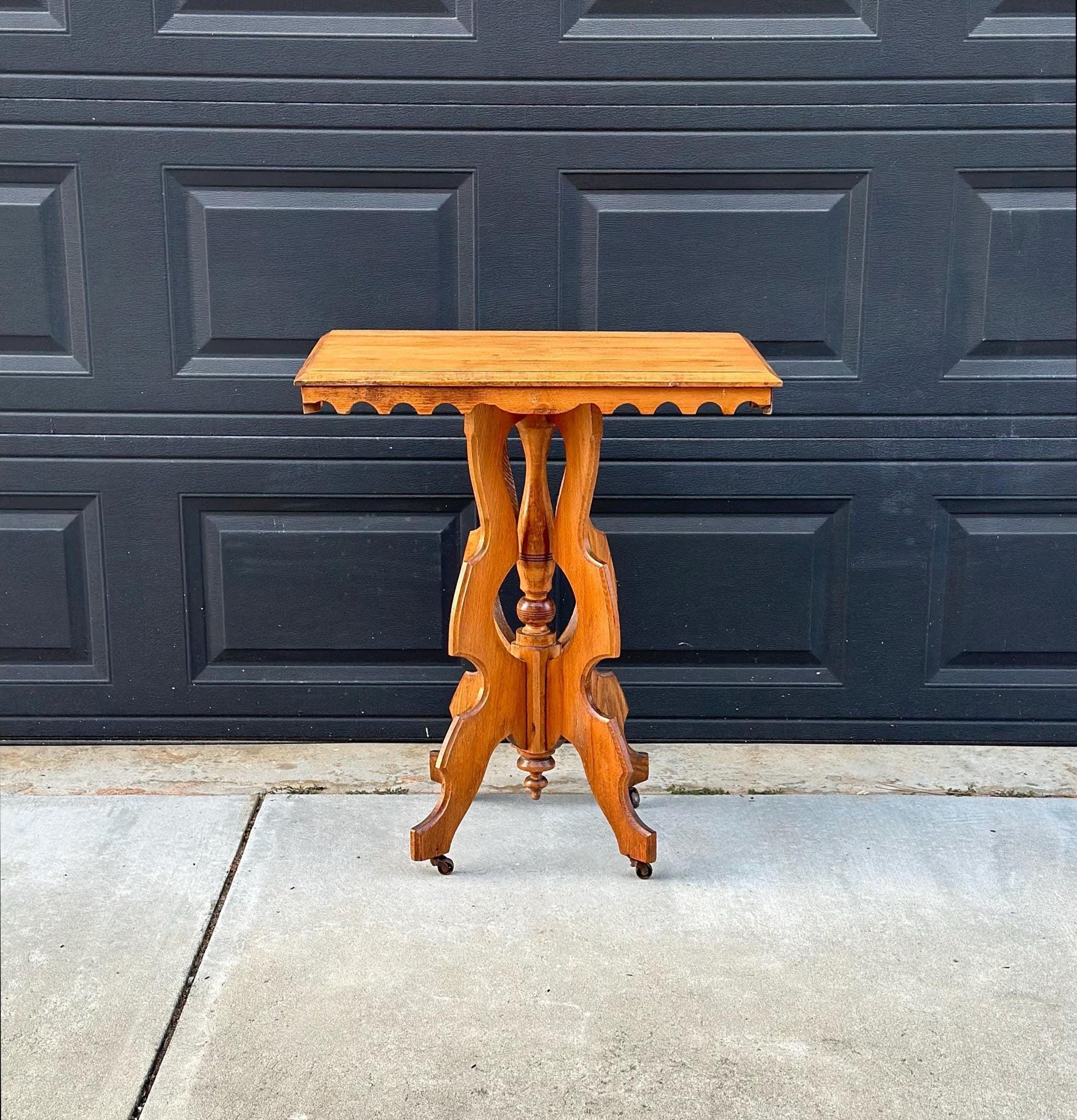 Antique Late 1800's Eastlake Solid Wood Carved Entry Accent Table on Casters