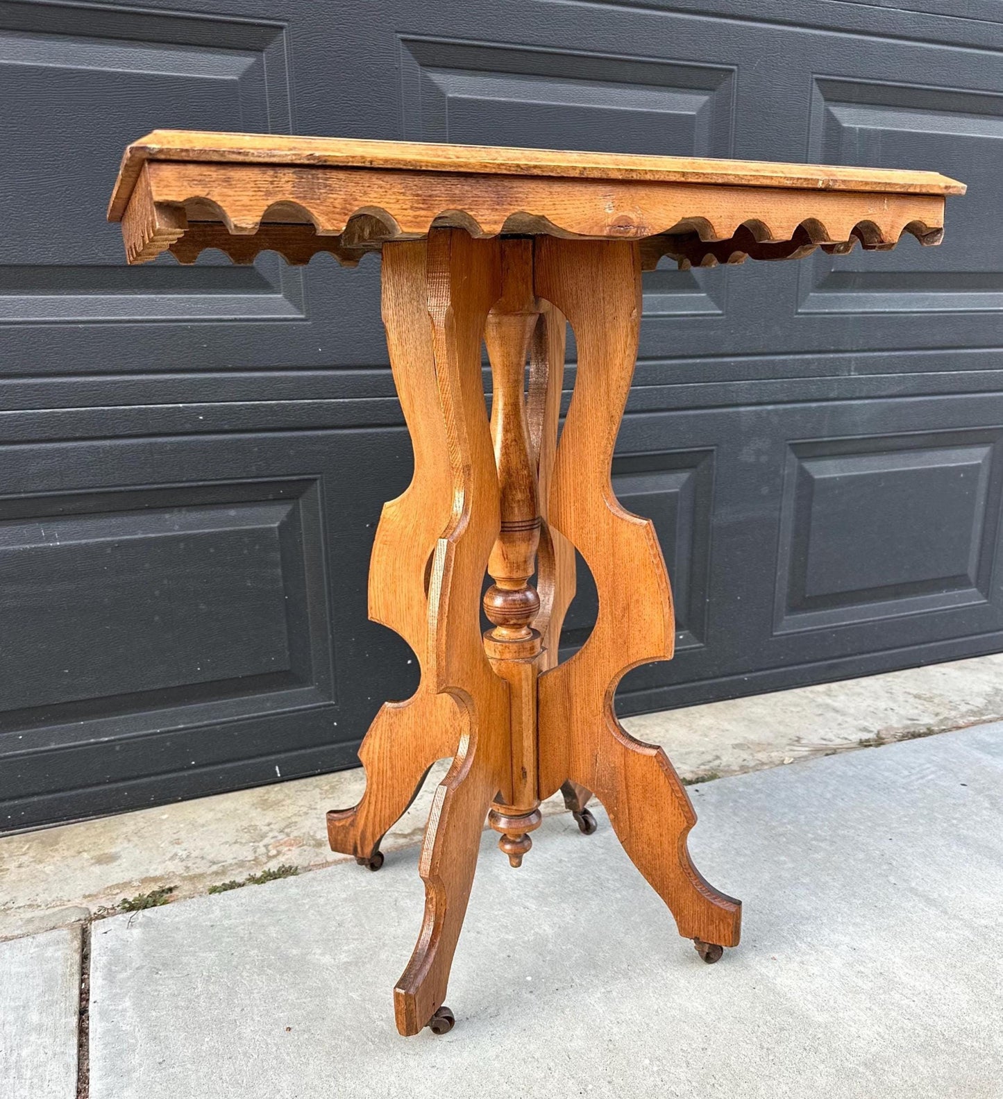 Antique Late 1800's Eastlake Solid Wood Carved Entry Accent Table on Casters