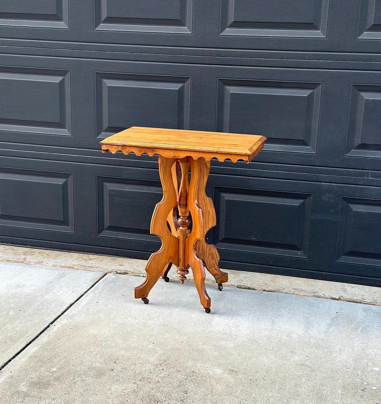 Antique Late 1800's Eastlake Solid Wood Carved Entry Accent Table on Casters