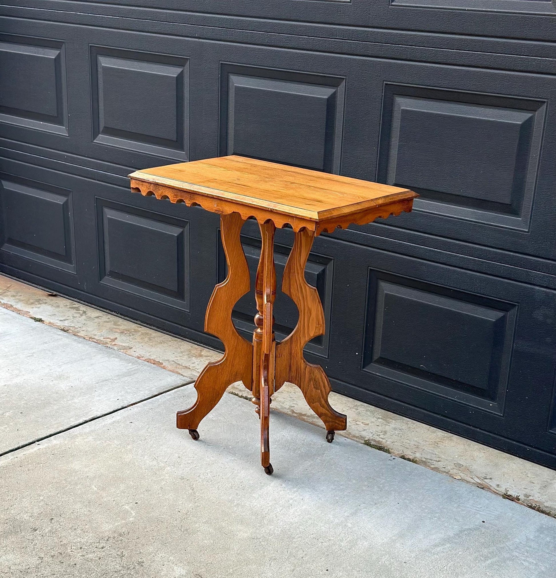Antique Late 1800's Eastlake Solid Wood Carved Entry Accent Table on Casters