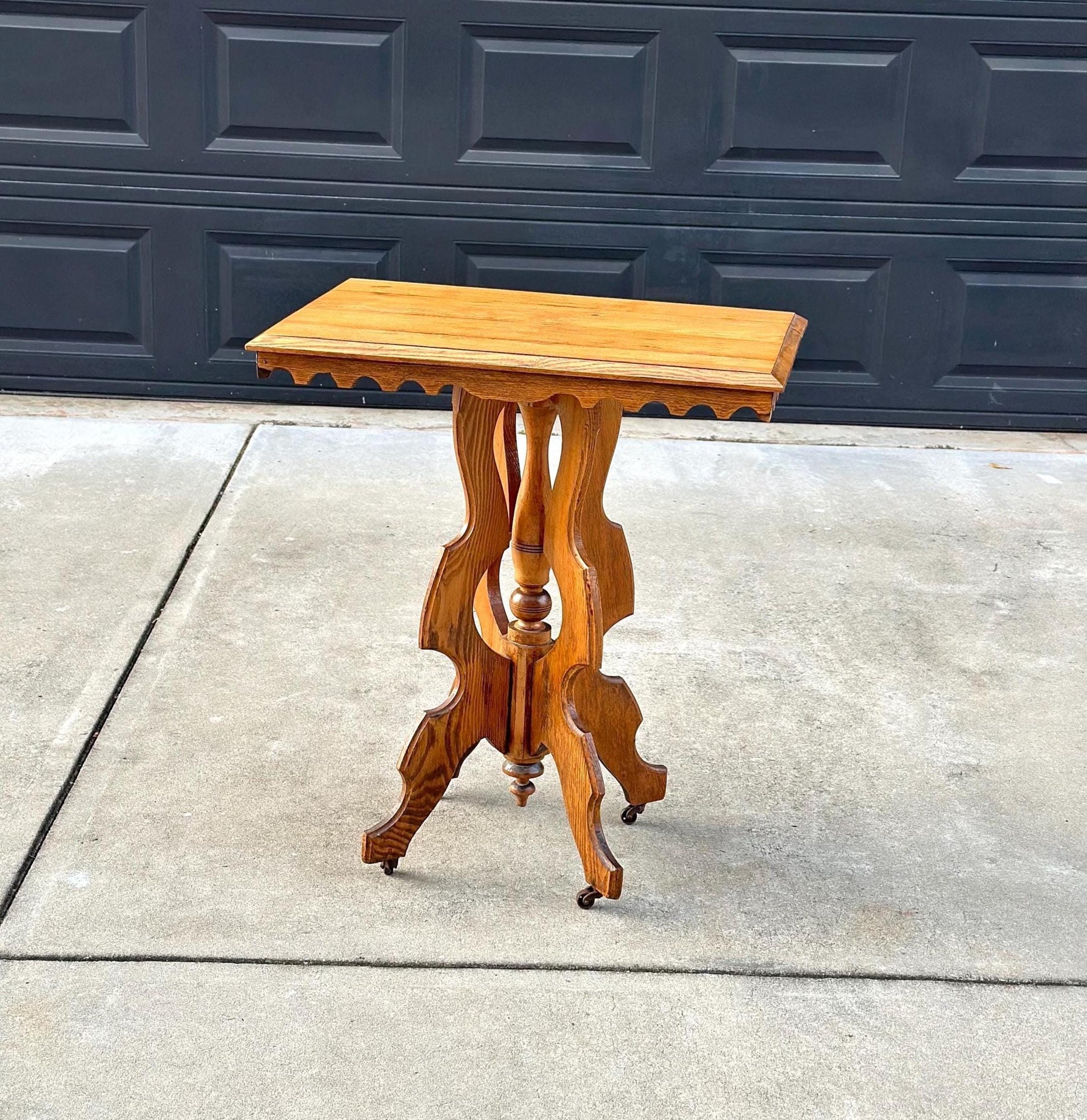 Antique Late 1800's Eastlake Solid Wood Carved Entry Accent Table on Casters