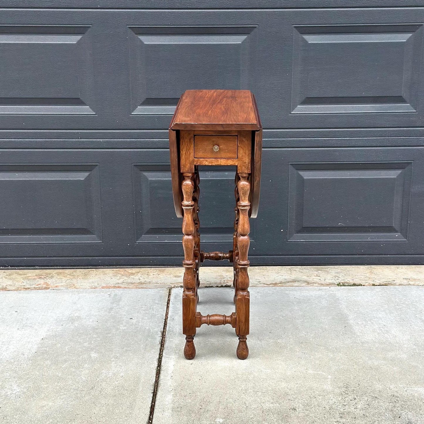 Antique Early 1900's Solid Wood Spindle Leg Cherry Drop Leaf Table with Drawer