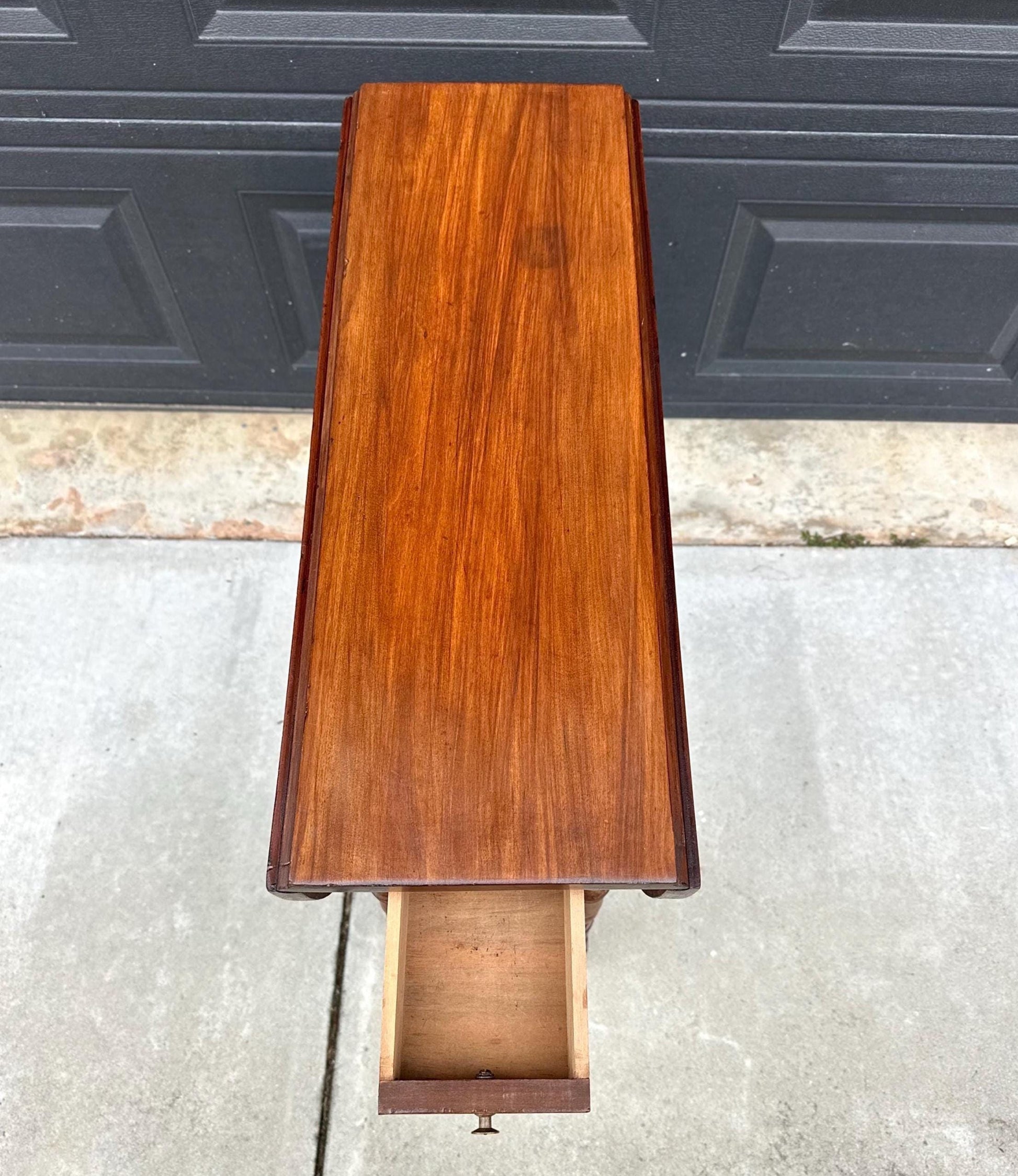 Antique Early 1900's Solid Wood Spindle Leg Cherry Drop Leaf Table with Drawer