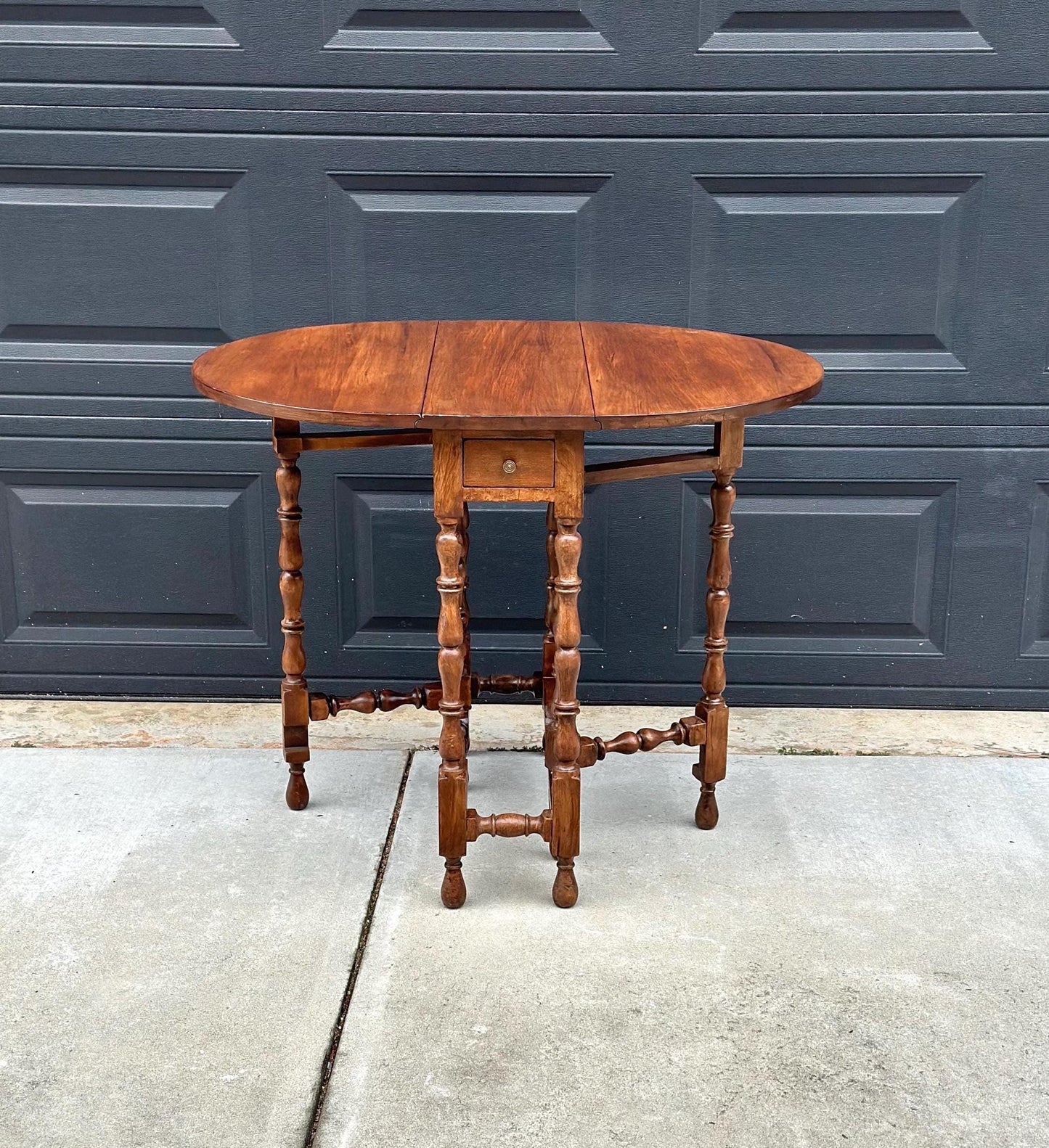 Antique Early 1900's Solid Wood Spindle Leg Cherry Drop Leaf Table with Drawer