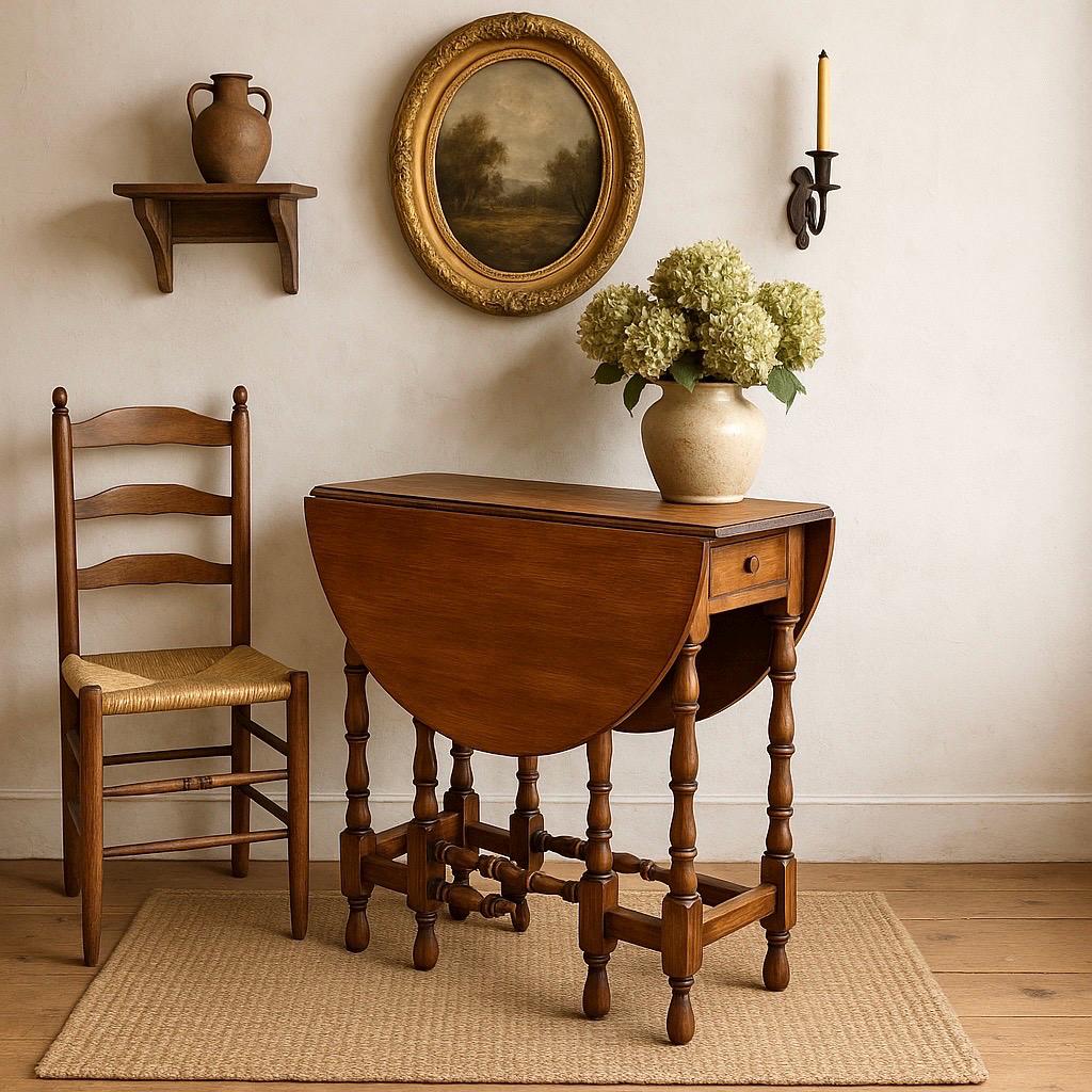 Antique Early 1900's Solid Wood Spindle Leg Cherry Drop Leaf Table with Drawer