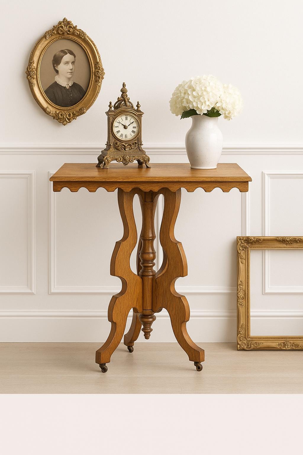 Antique Late 1800's Eastlake Solid Wood Carved Entry Accent Table on Casters