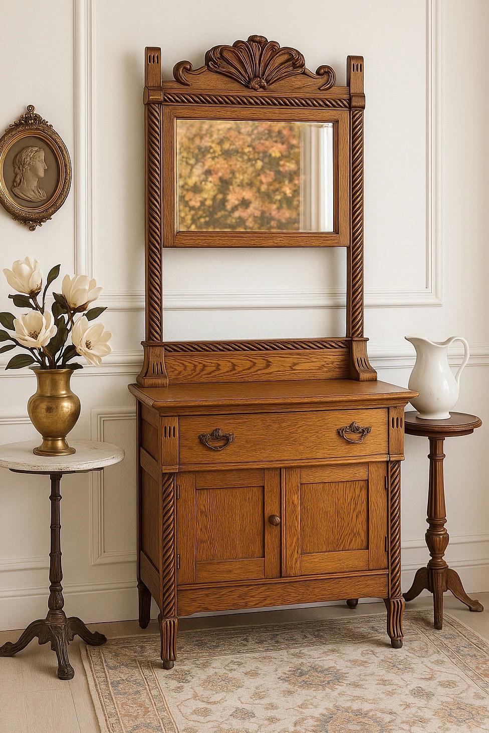Antique Early 1900's Solid Wood Tiger Oak Washstand on Casters