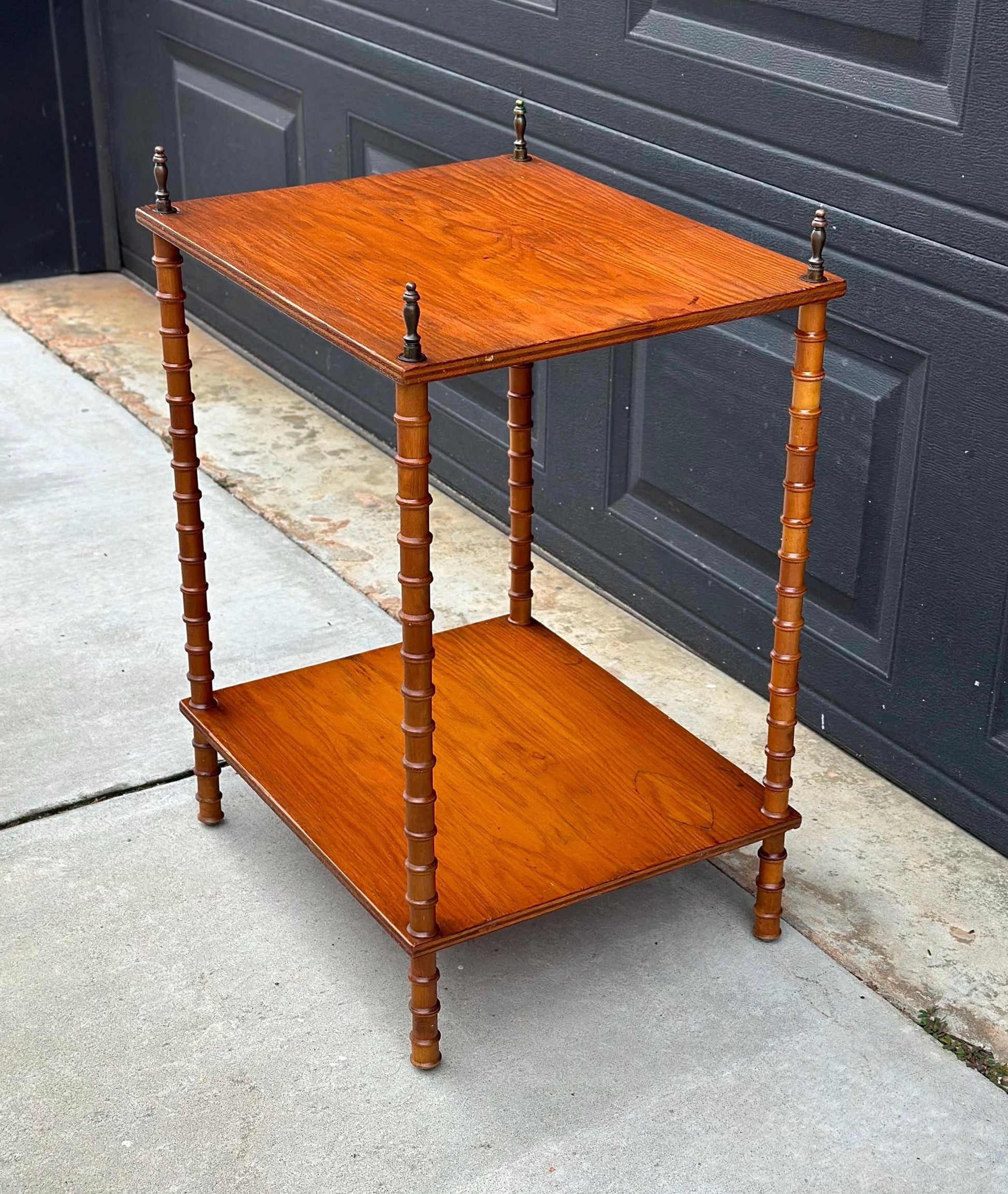 Antique Early 1900's Bobbin Leg Brass Finial Oak Side Table