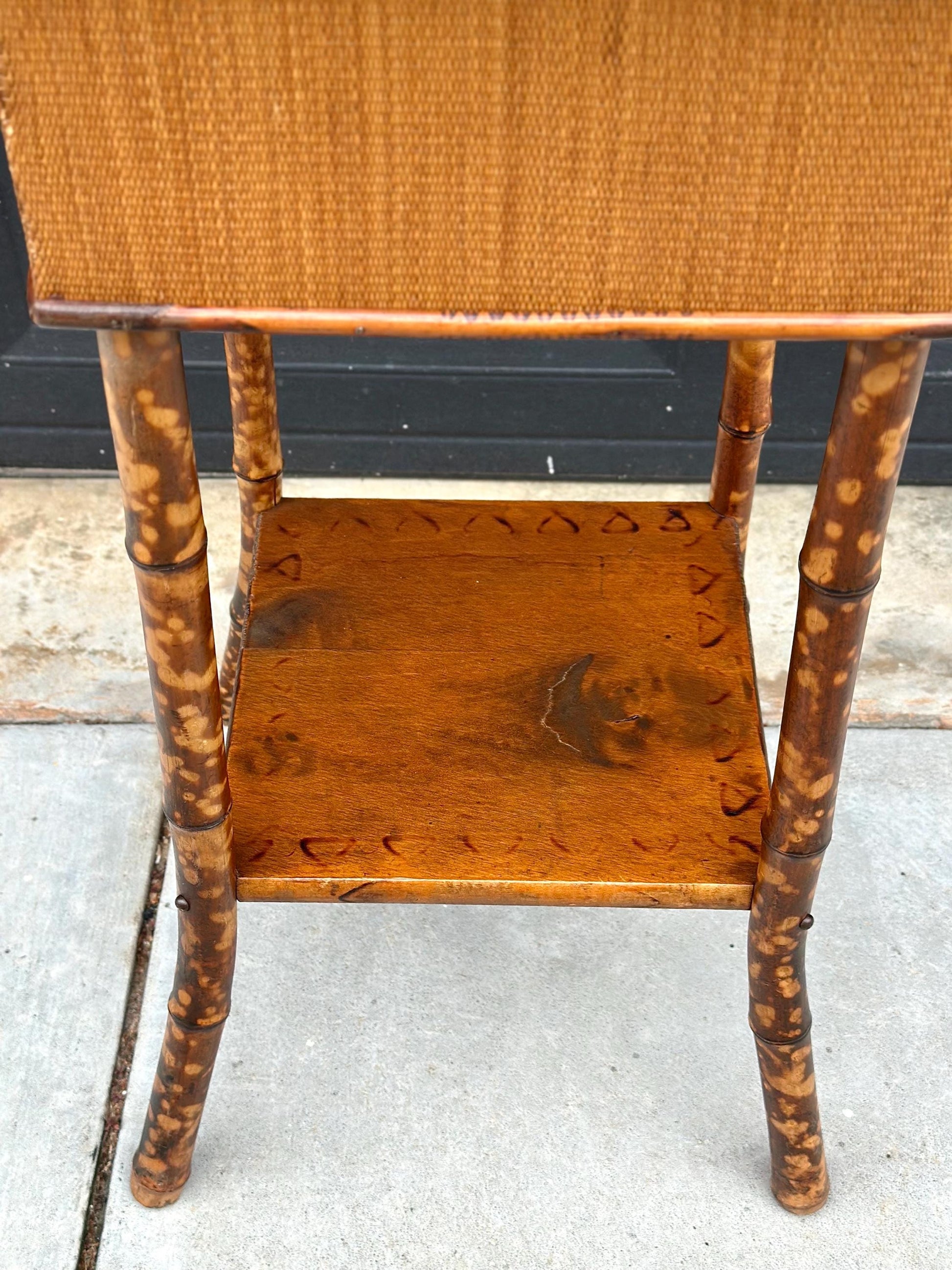Antique Late 1800's Burnt Bamboo Woven Reed & Maple Wood Lift Top Table