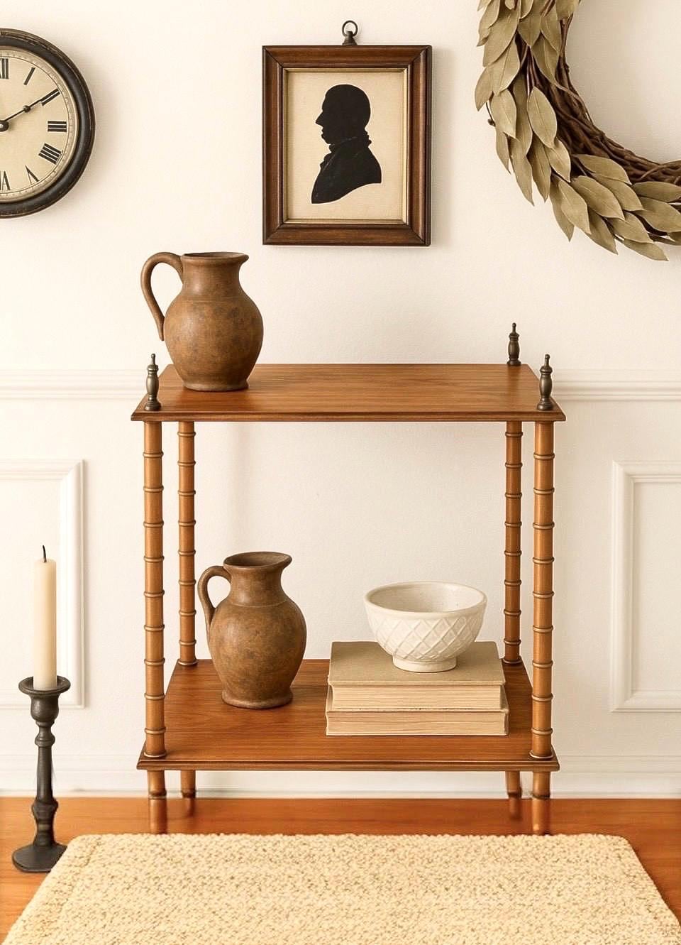 Antique Early 1900's Bobbin Leg Brass Finial Oak Side Table