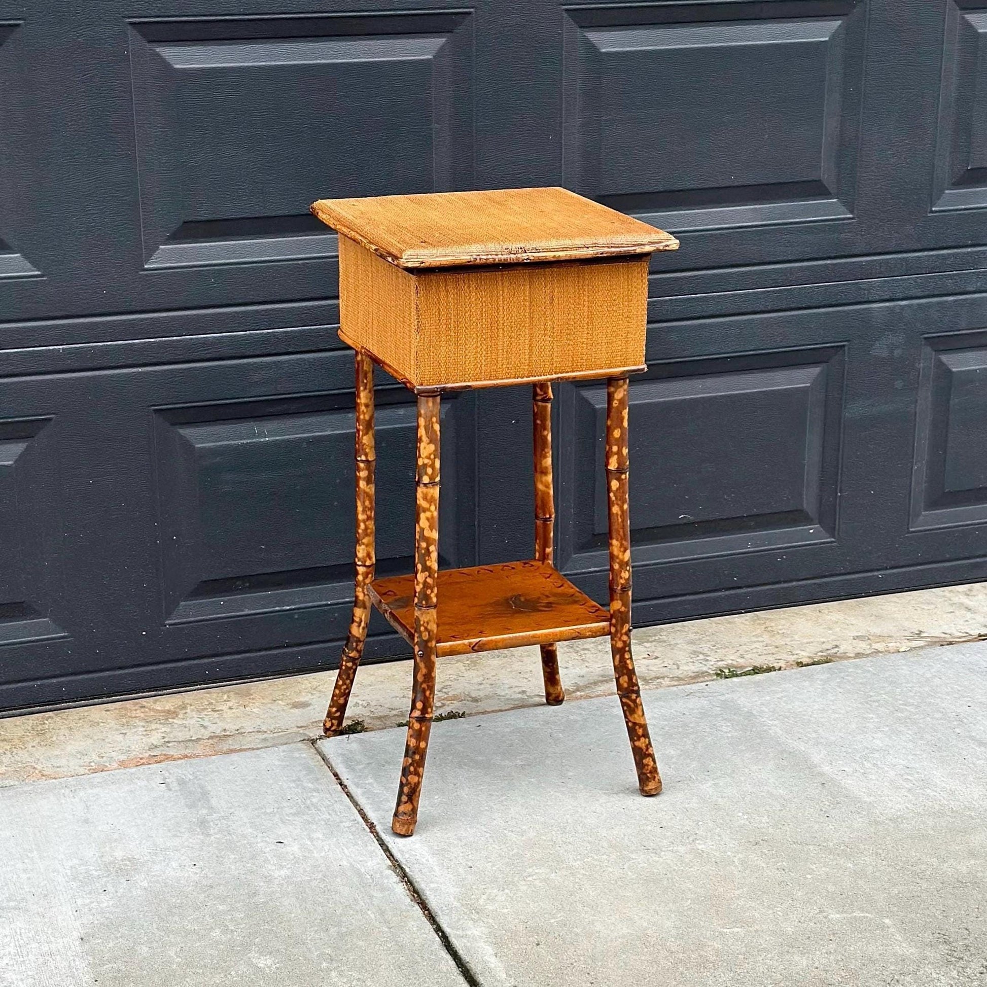 Antique Late 1800's Burnt Bamboo Woven Reed & Maple Wood Lift Top Table