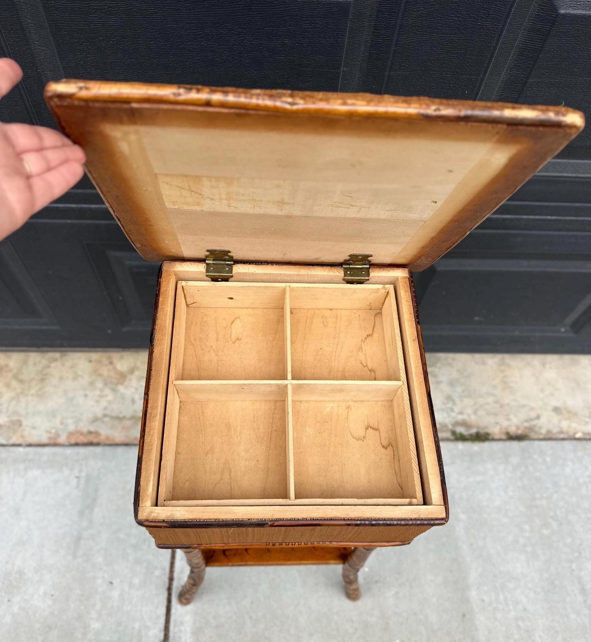Antique Late 1800's Burnt Bamboo Woven Reed & Maple Wood Lift Top Table
