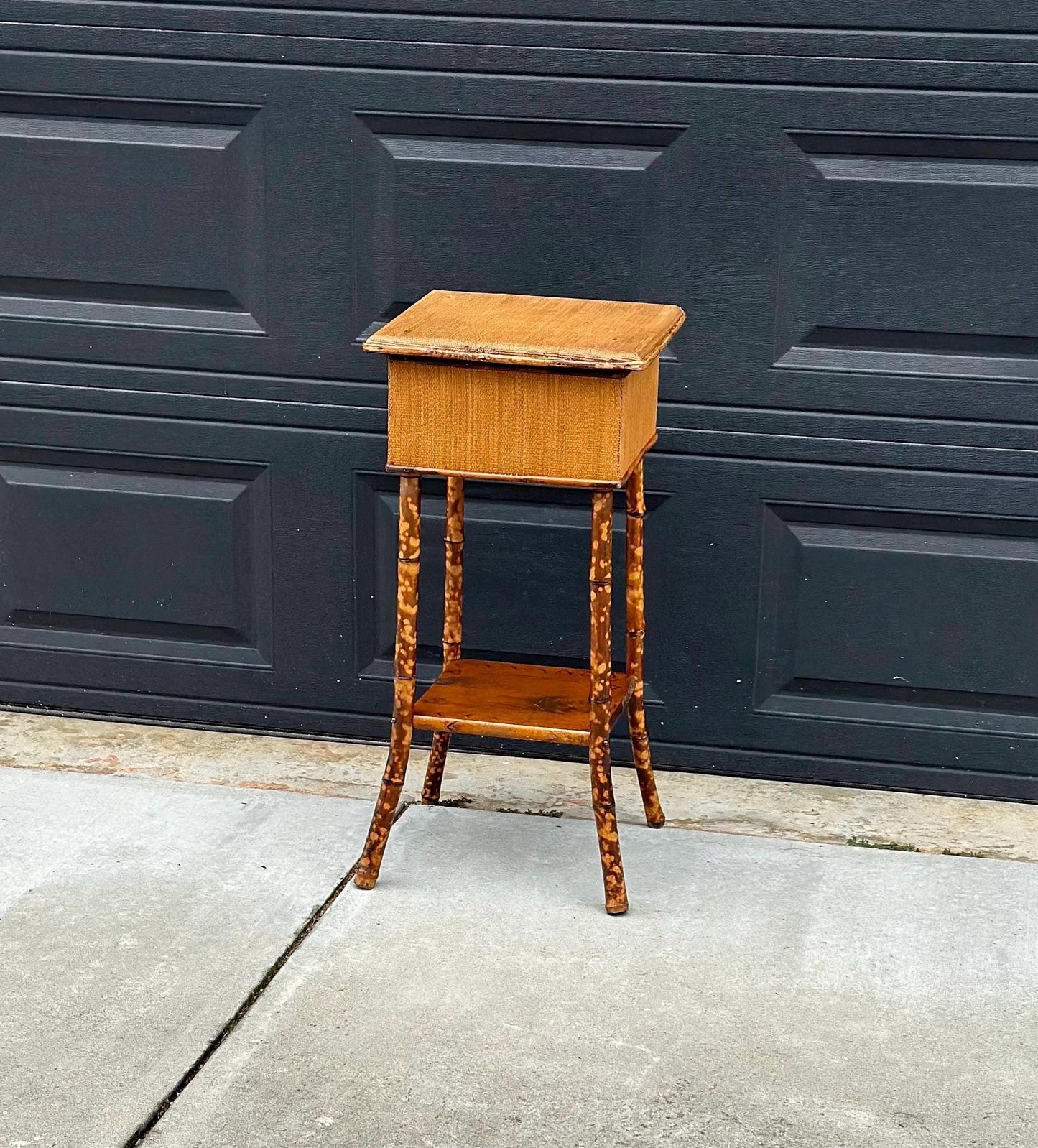 Antique Late 1800's Burnt Bamboo Woven Reed & Maple Wood Lift Top Table