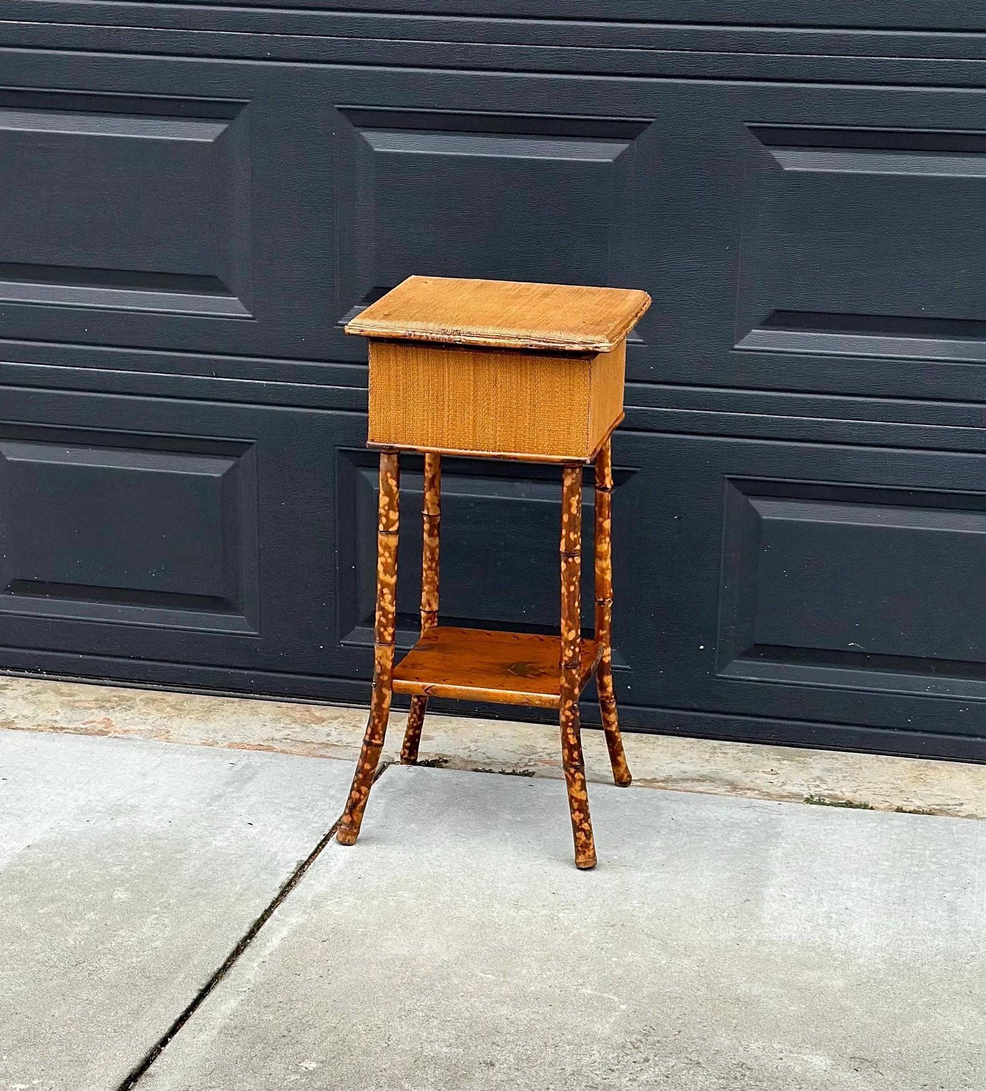 Antique Late 1800's Burnt Bamboo Woven Reed & Maple Wood Lift Top Table