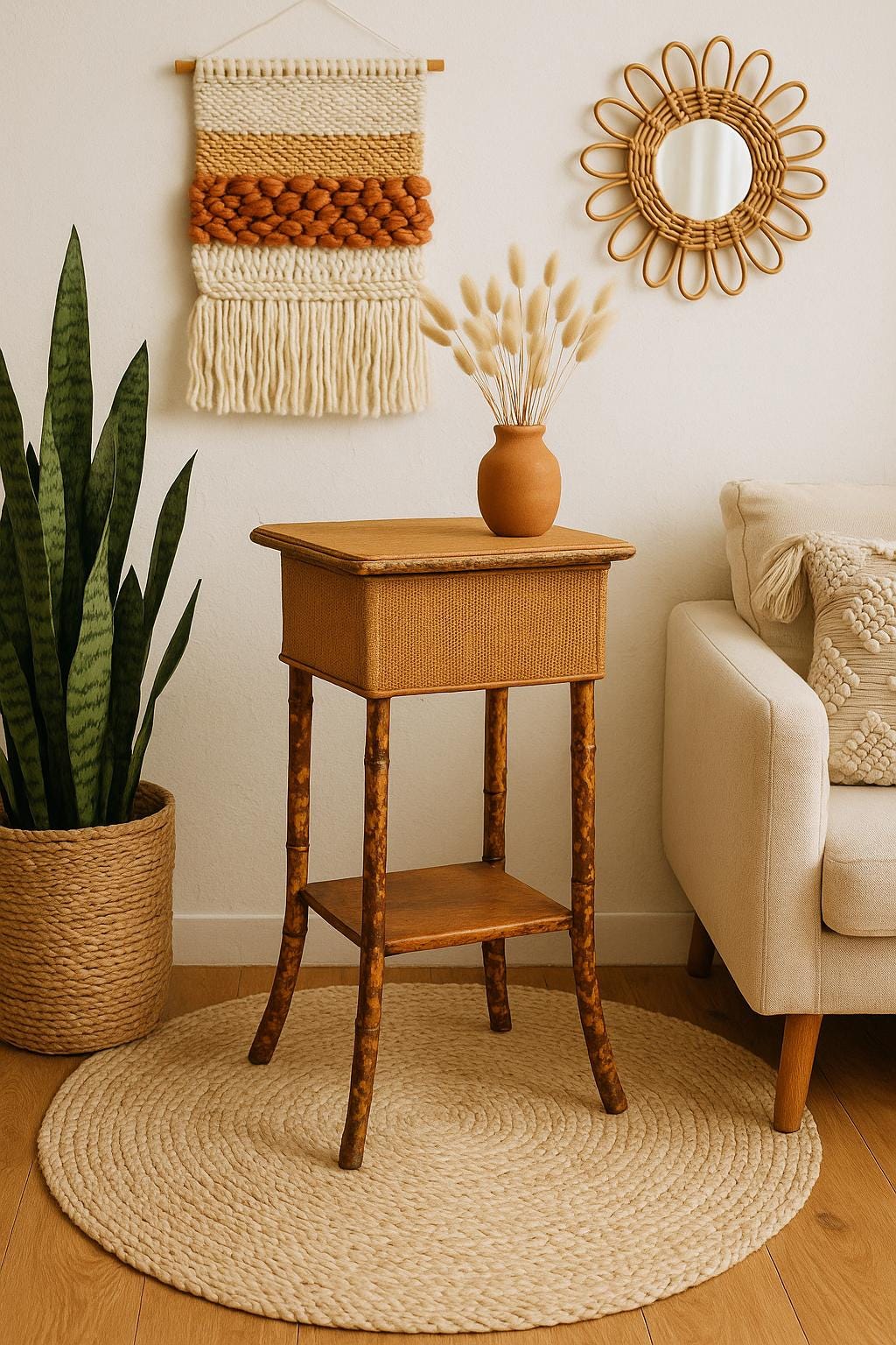 Antique Late 1800's Burnt Bamboo Woven Reed & Maple Wood Lift Top Table