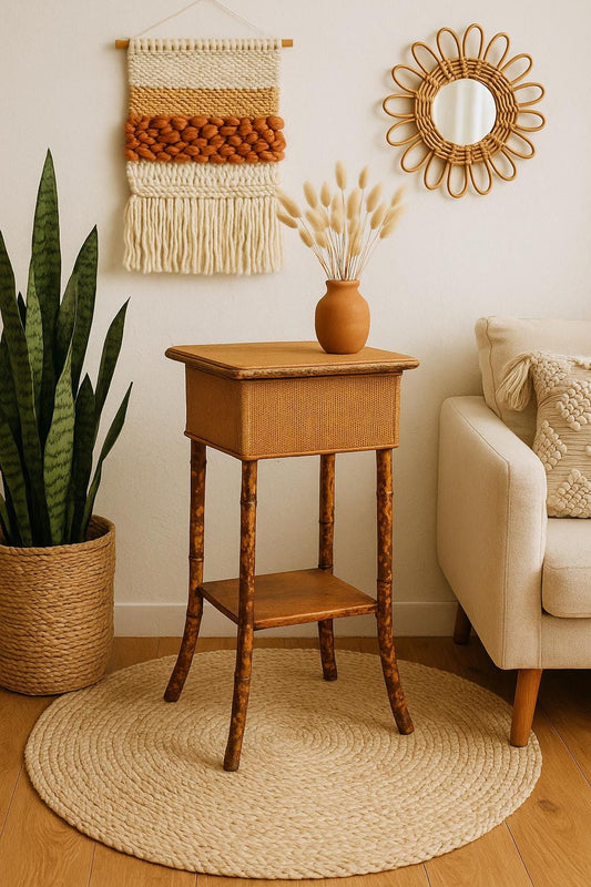 Antique Late 1800's Burnt Bamboo Woven Reed & Maple Wood Lift Top Table