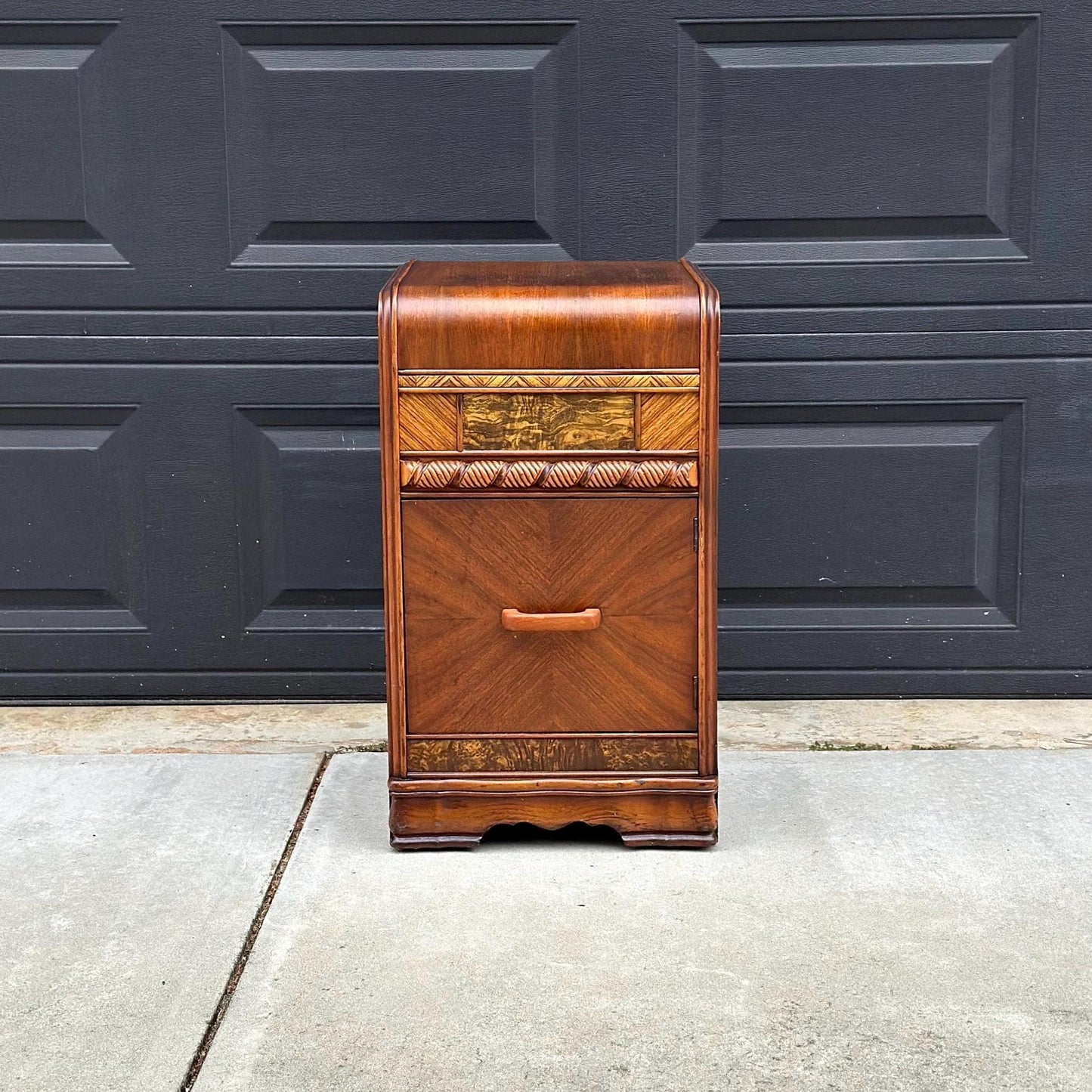 Antique Early 1900's Waterfall Walnut & Burl Wood Bedside Table with Cabinet