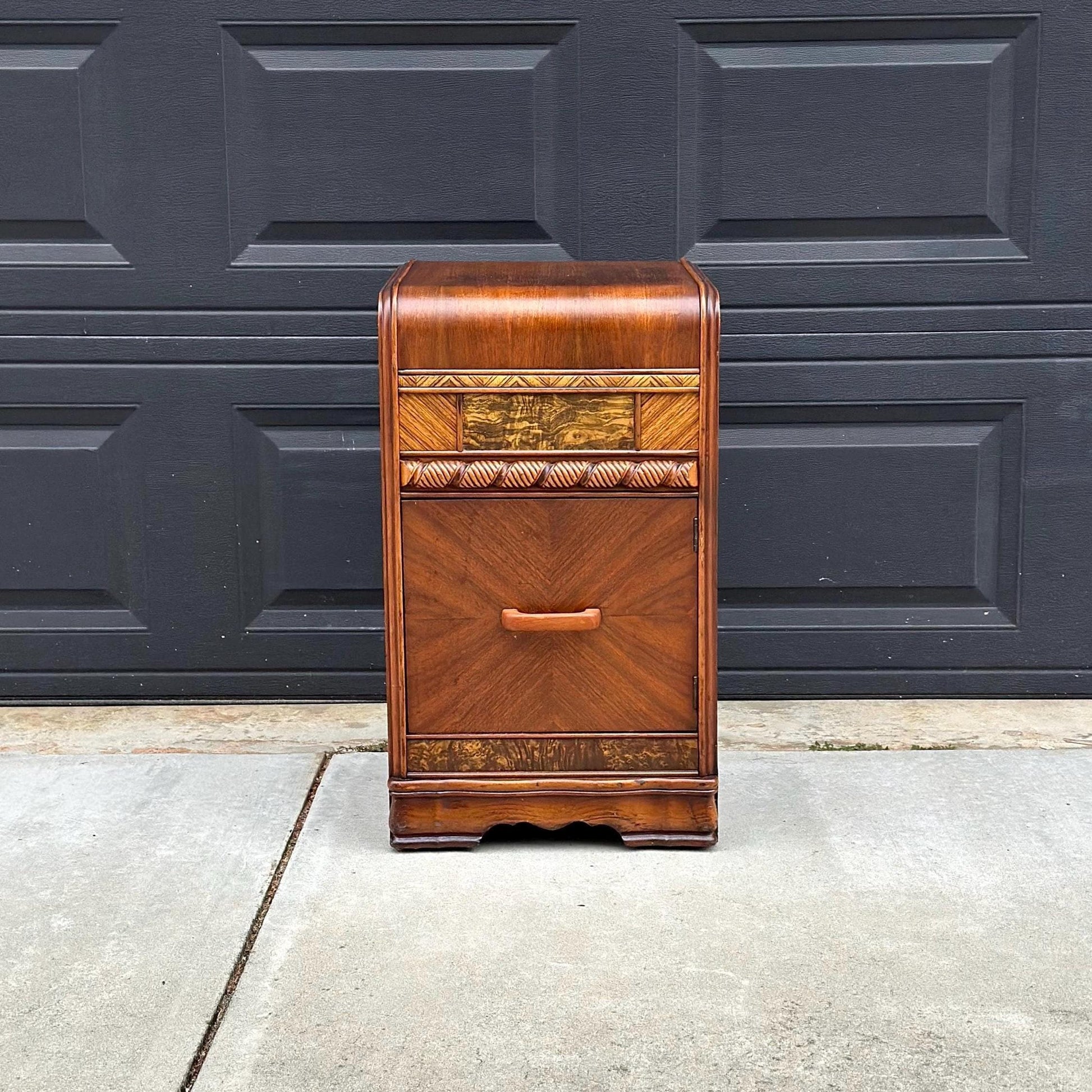Antique Early 1900's Waterfall Walnut & Burl Wood Bedside Table with Cabinet