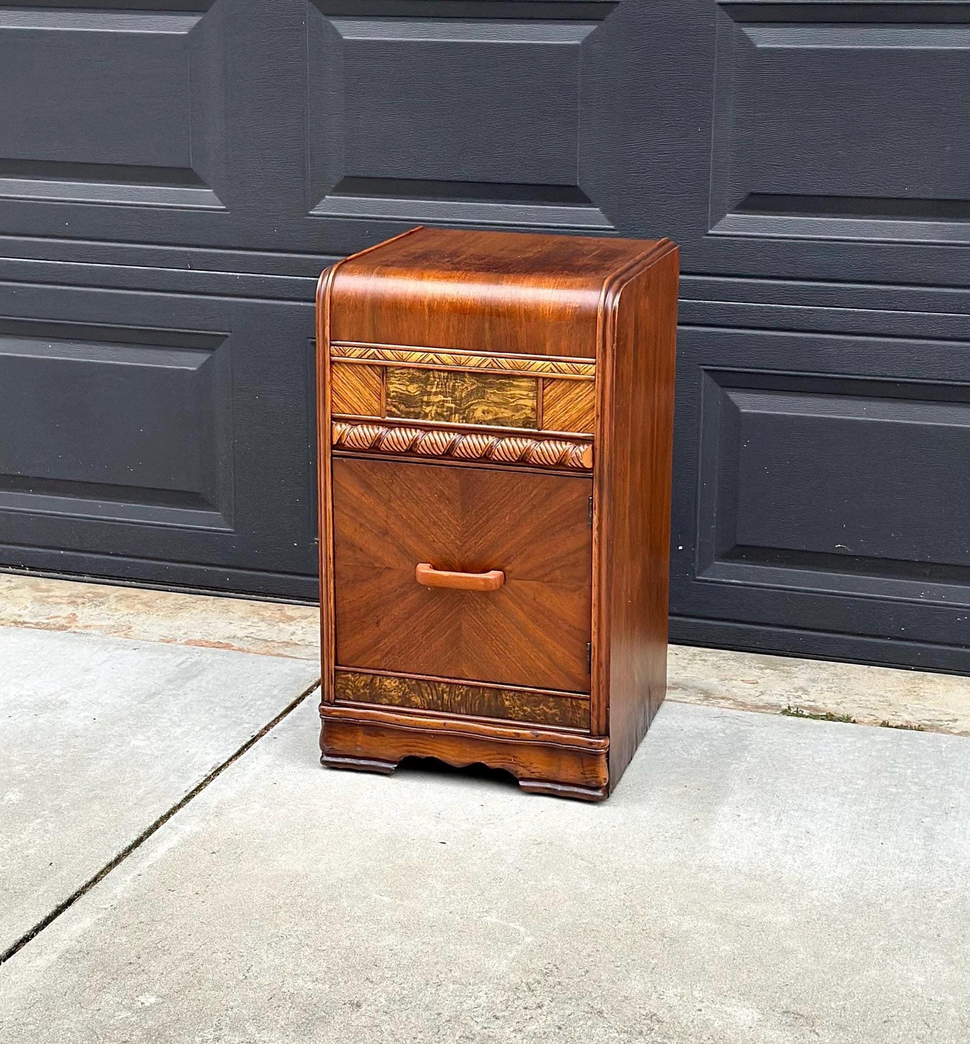 Antique Early 1900's Waterfall Walnut & Burl Wood Bedside Table with Cabinet
