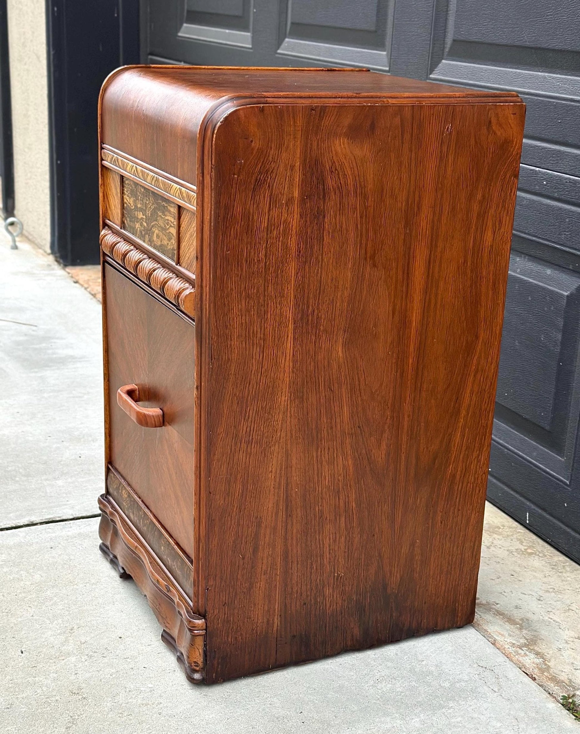 Antique Early 1900's Waterfall Walnut & Burl Wood Bedside Table with Cabinet