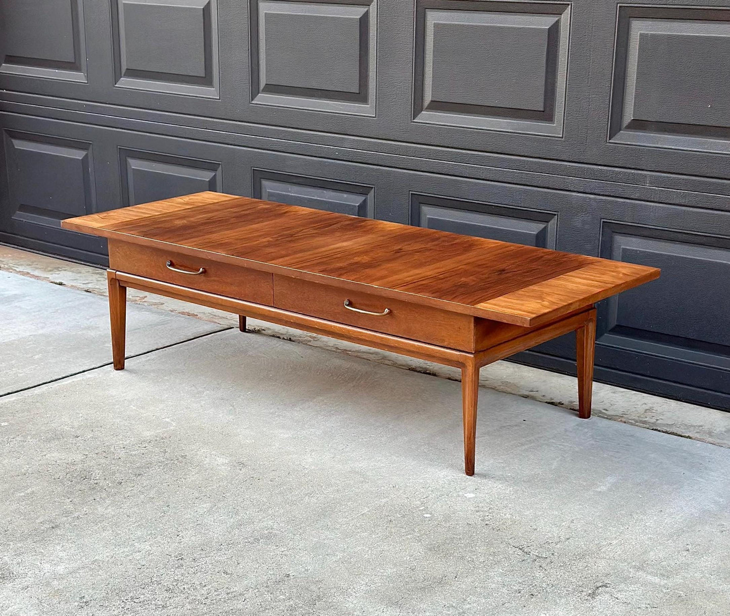 Vintage Mid 1900's Walnut Wood Mid Century Modern Two Drawer Platform Coffee Table