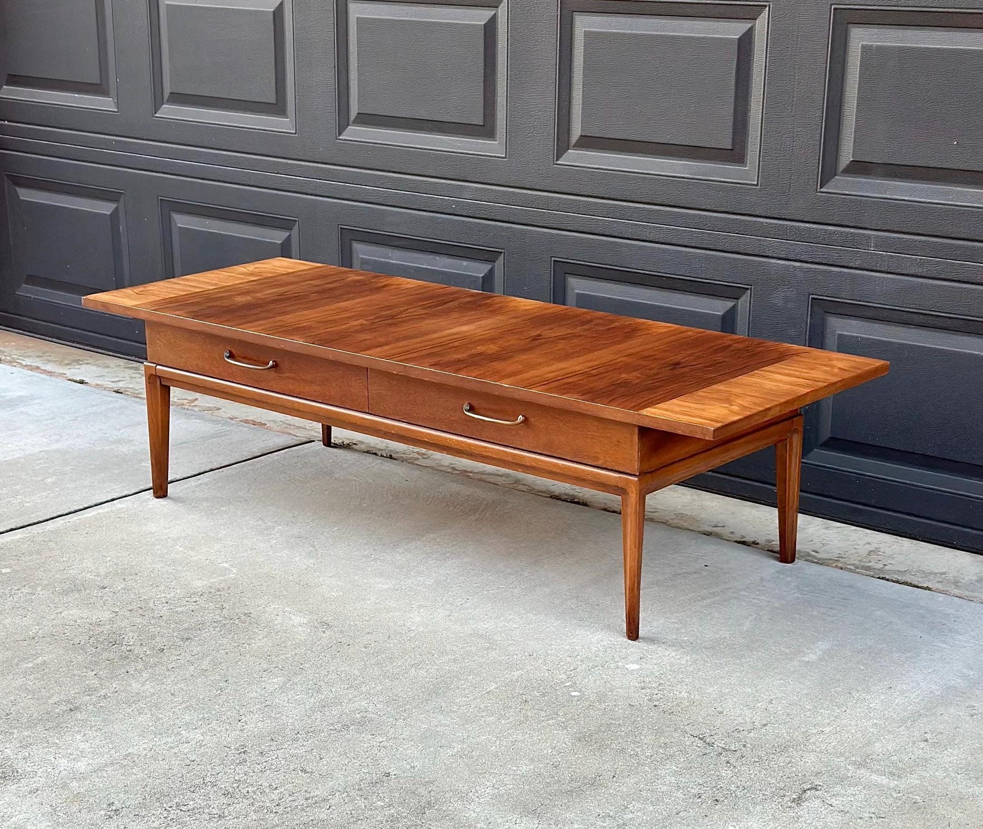 Vintage Mid 1900's Walnut Wood Mid Century Modern Two Drawer Platform Coffee Table