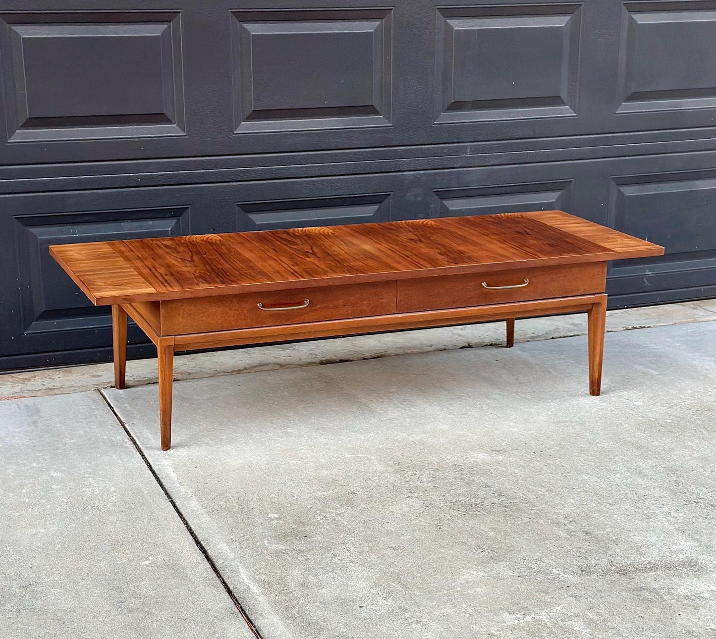 Vintage Mid 1900's Walnut Wood Mid Century Modern Two Drawer Platform Coffee Table