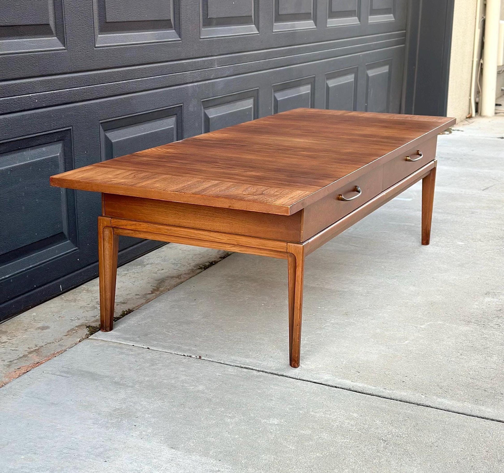 Vintage Mid 1900's Walnut Wood Mid Century Modern Two Drawer Platform Coffee Table