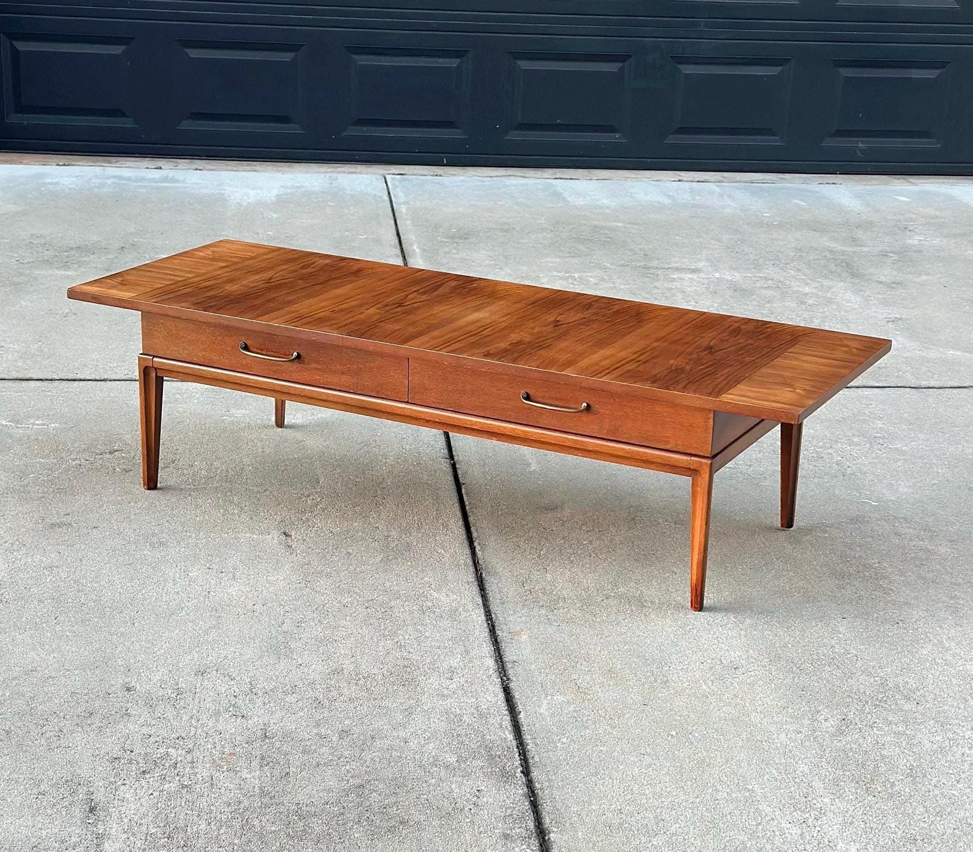 Vintage Mid 1900's Walnut Wood Mid Century Modern Two Drawer Platform Coffee Table