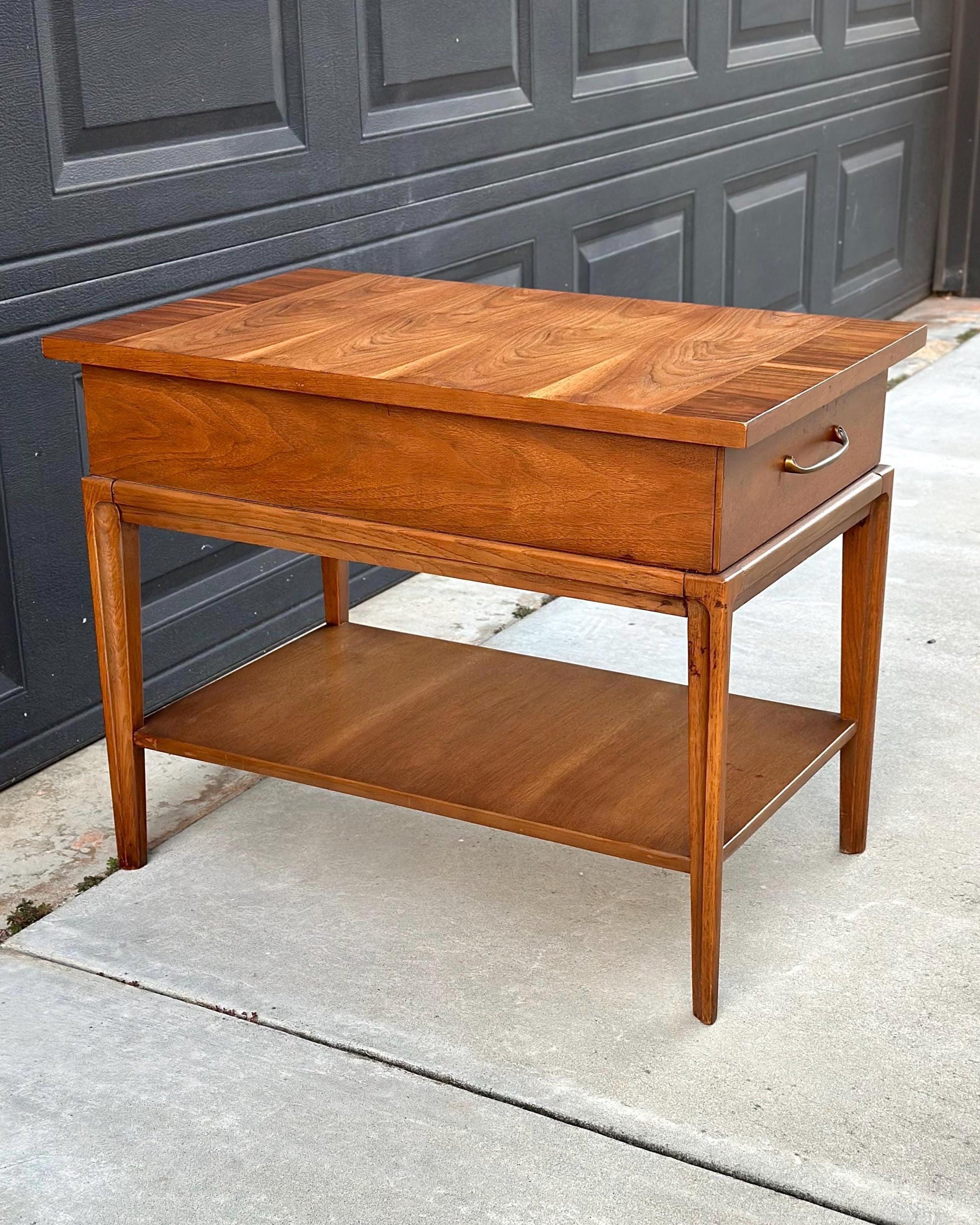 Vintage Mid 1900's Walnut Wood Single Drawer Platform MCM Side Table