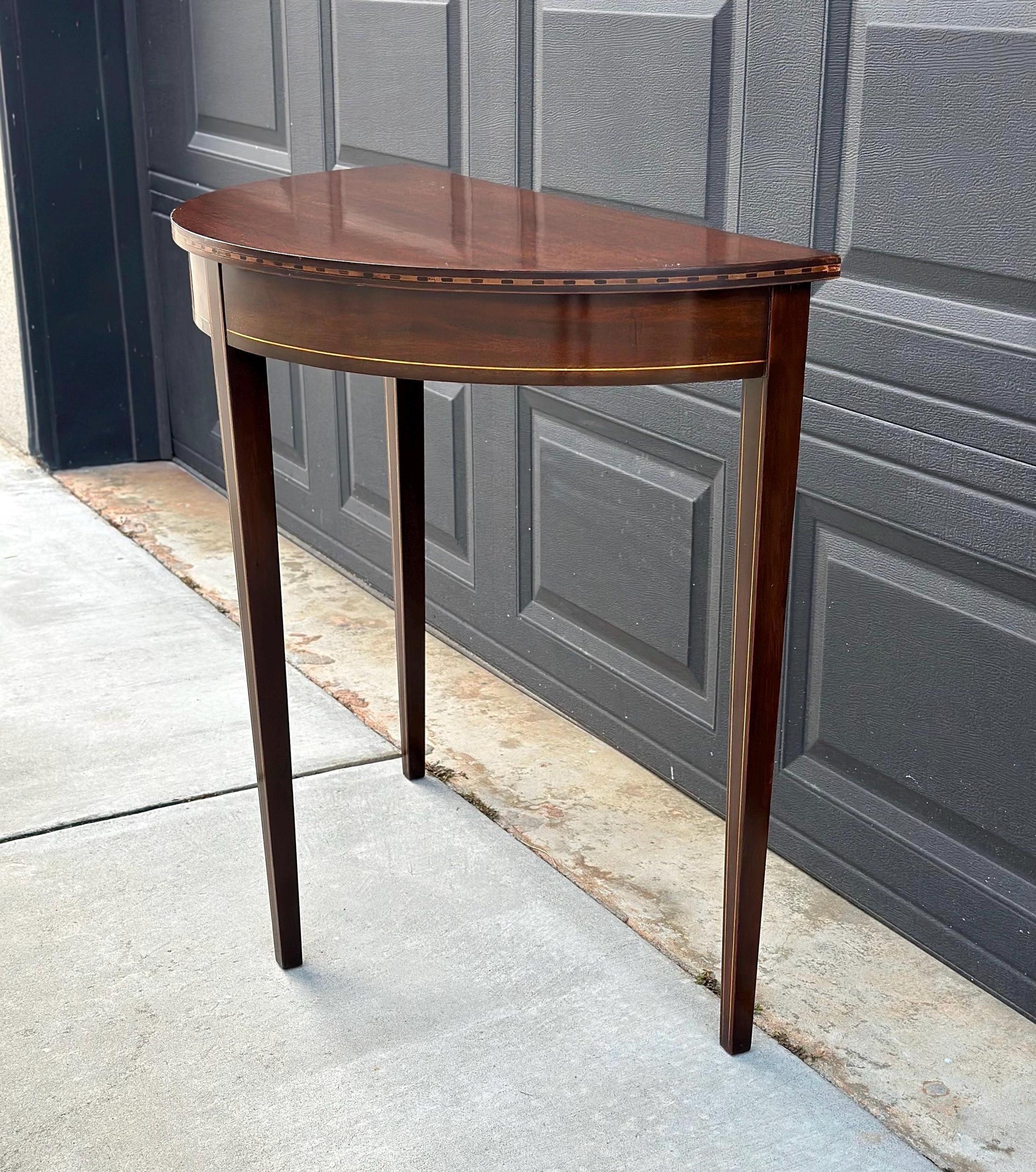 Antique Early 1900's Banded Mahogany Sheraton Demi-Lune Half Round Wood Accent Table