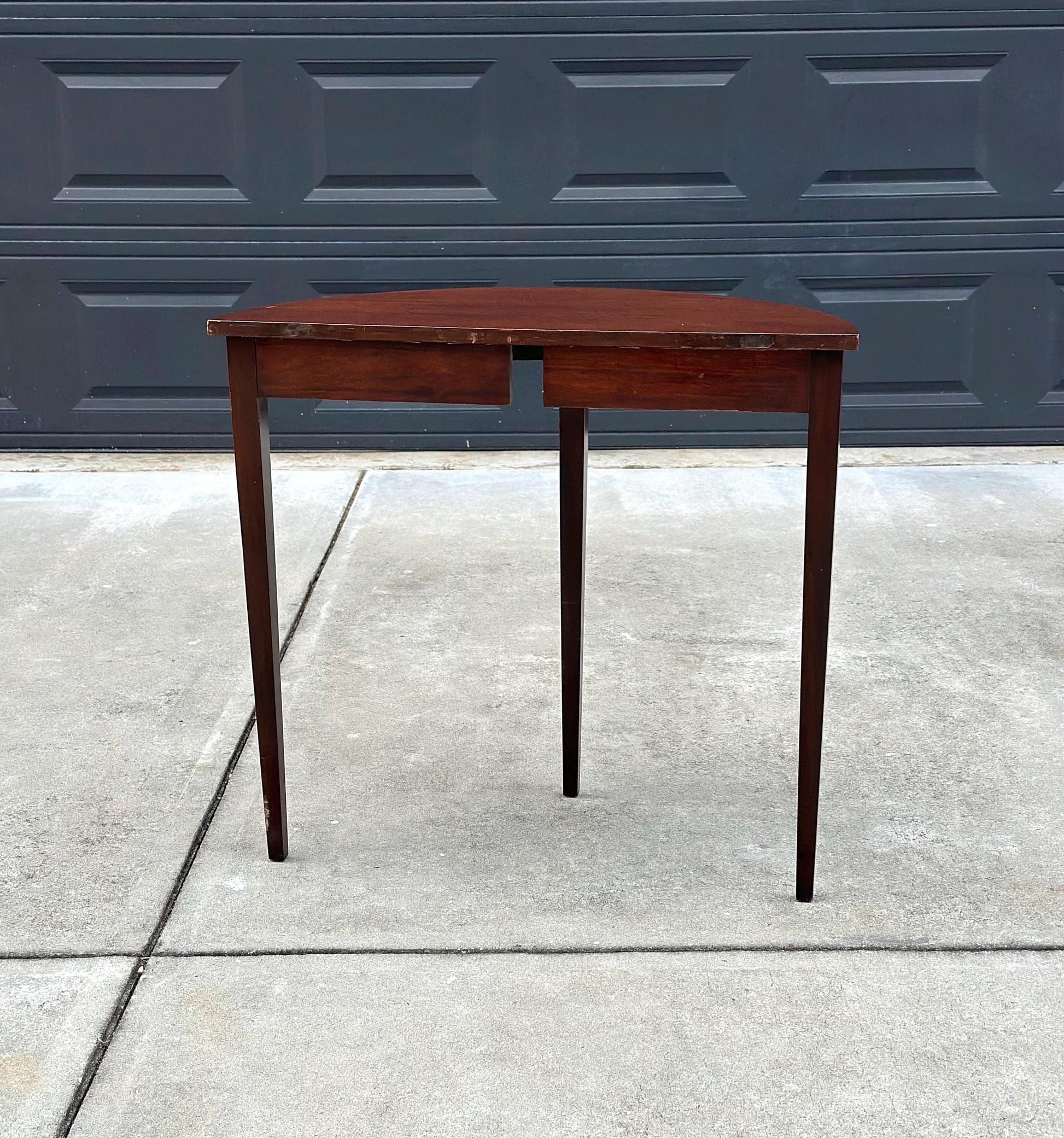 Antique Early 1900's Banded Mahogany Sheraton Demi-Lune Half Round Wood Accent Table