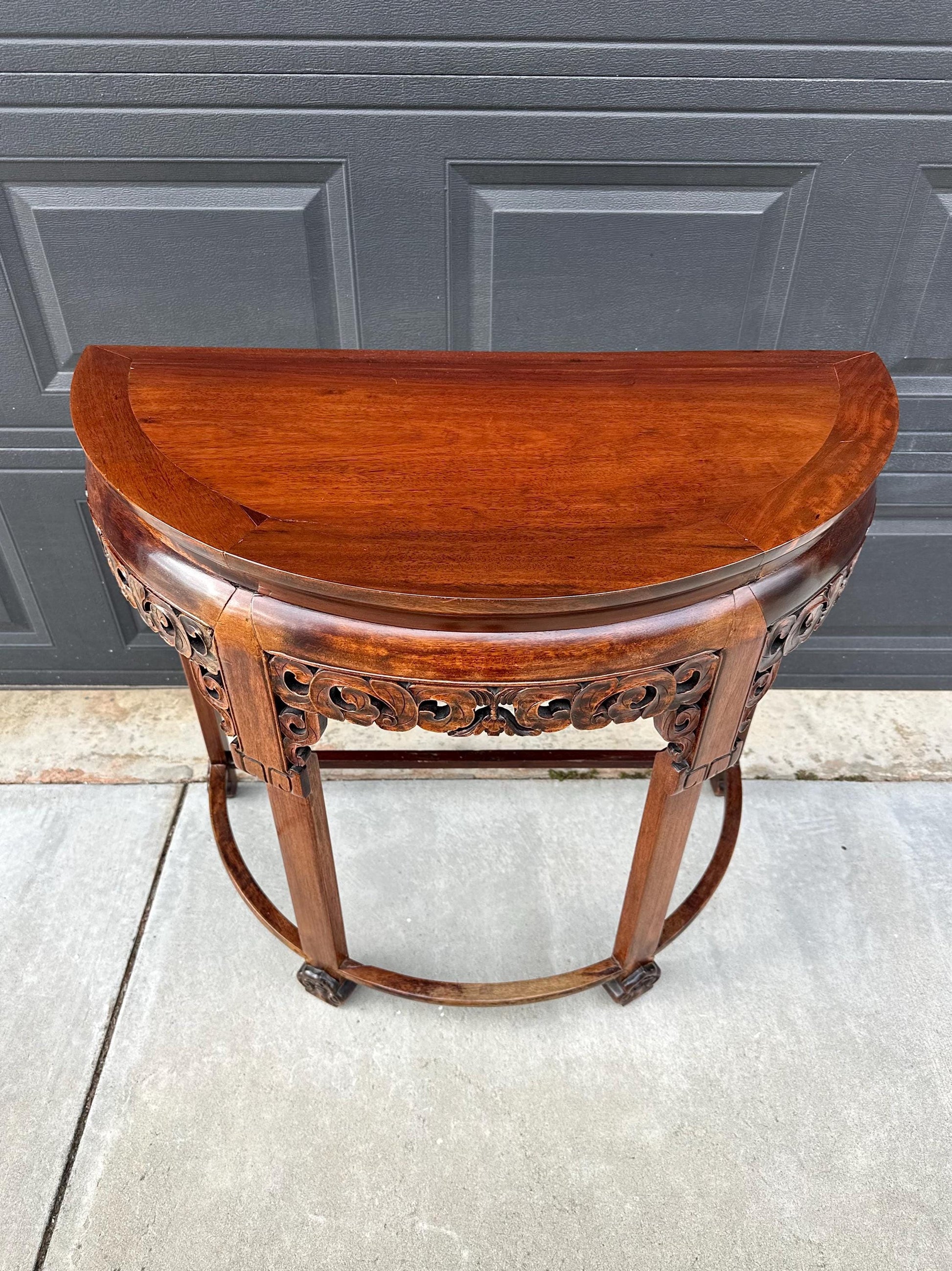 Antique Early 1900's Solid Wood Demi-Lune Mahogany Oriental Half Round Accent Table
