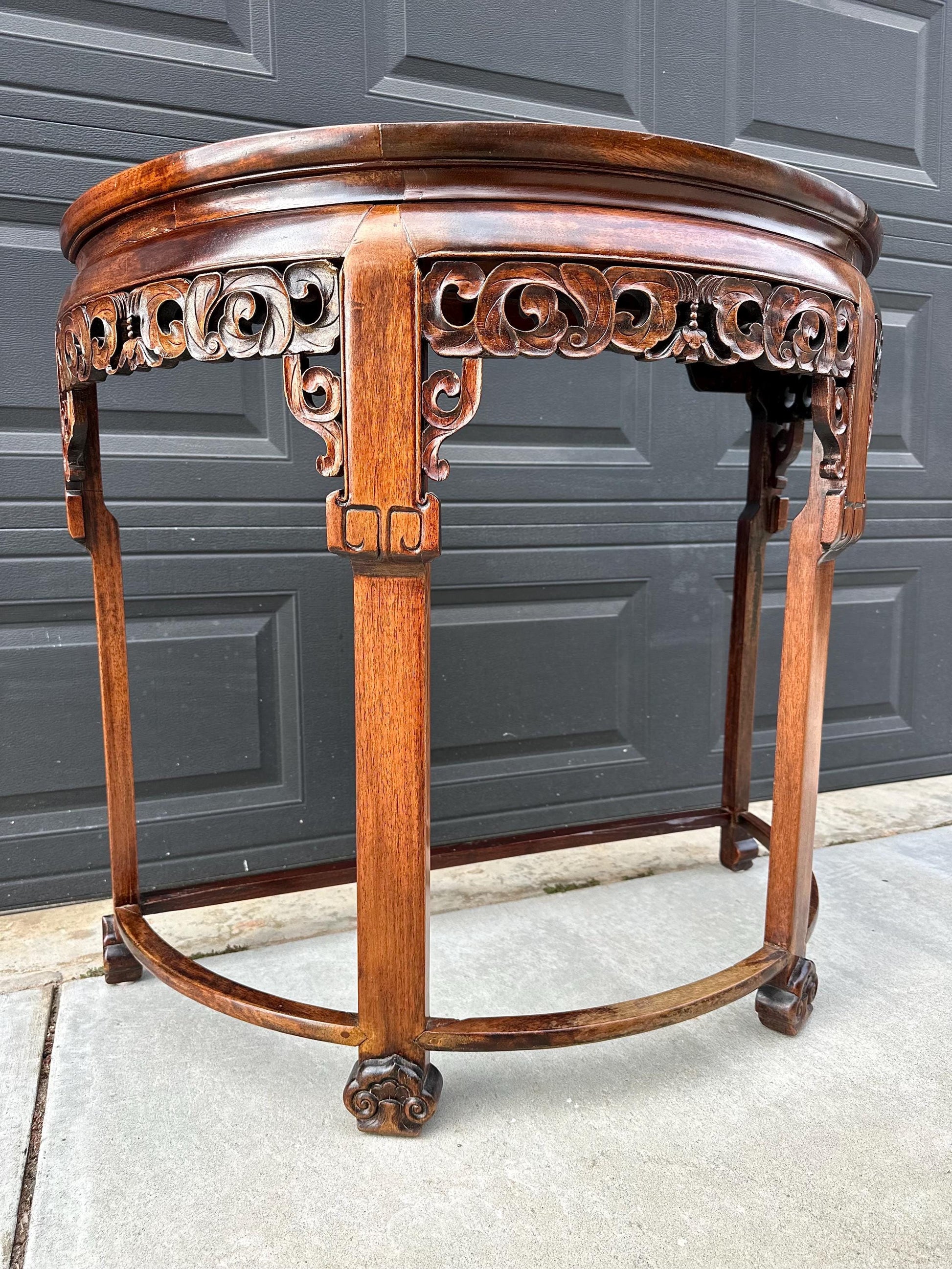 Antique Early 1900's Solid Wood Demi-Lune Mahogany Oriental Half Round Accent Table