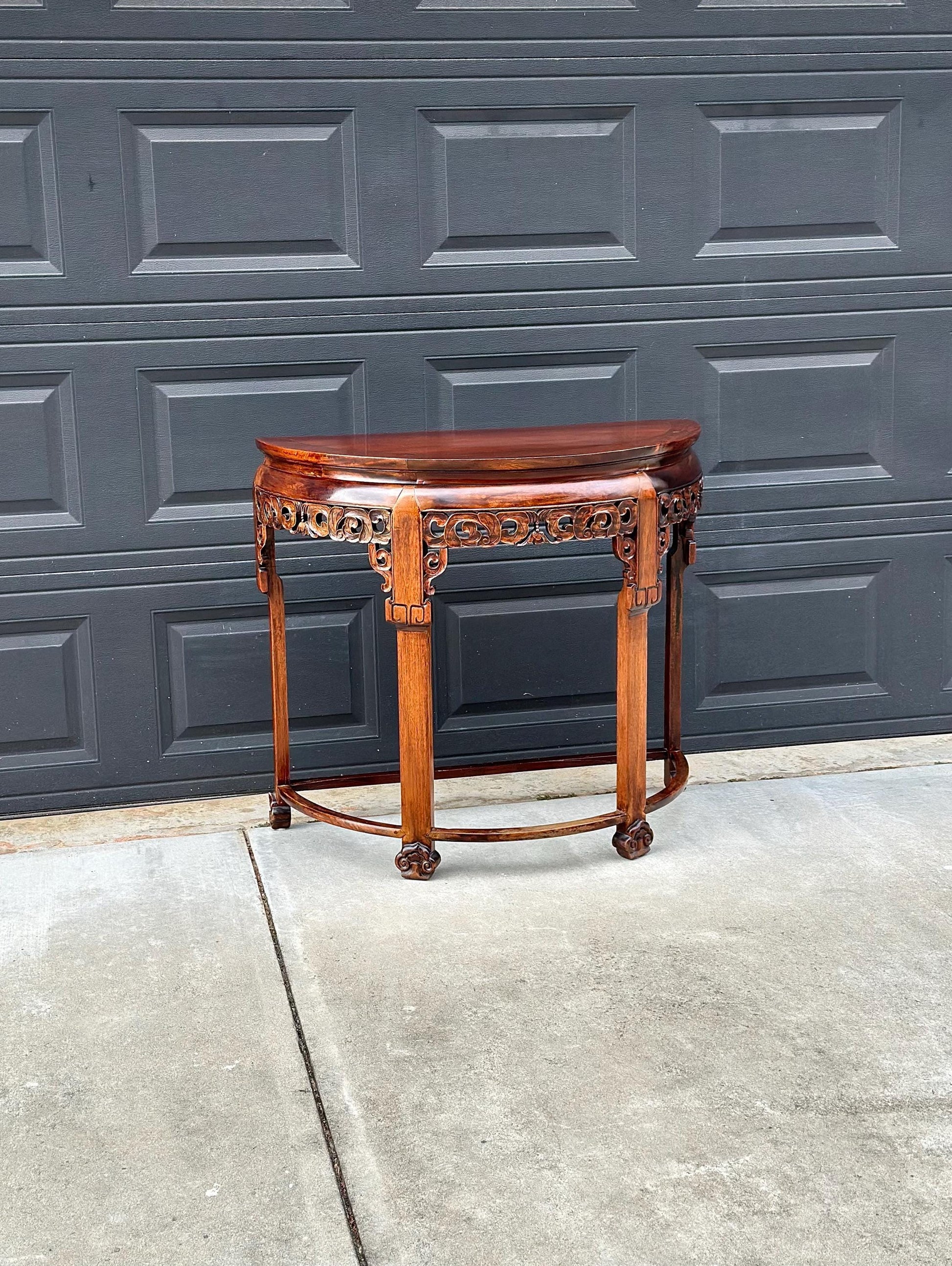 Antique Early 1900's Solid Wood Demi-Lune Mahogany Oriental Half Round Accent Table