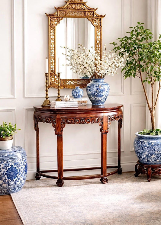 Antique Early 1900's Solid Wood Demi-Lune Mahogany Oriental Half Round Accent Table