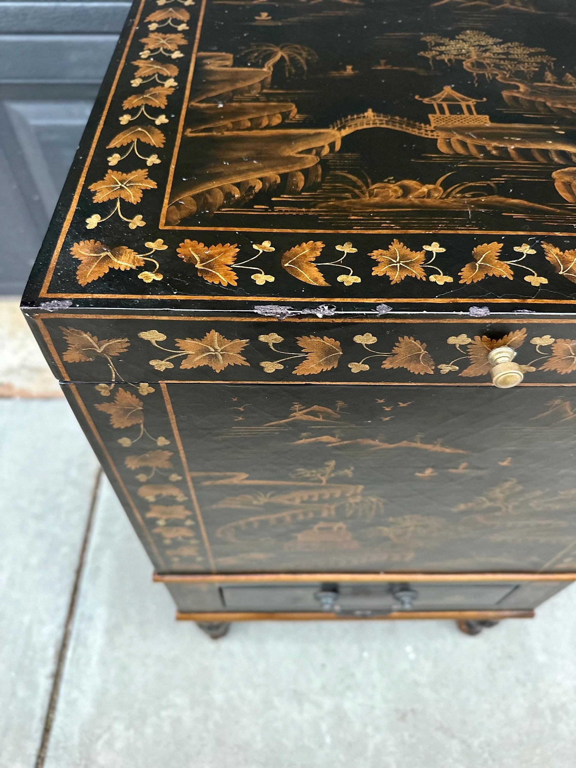 Antique Mid 1900's Oriental Black & Gold Hand Painted Lift Top Table with Drawer