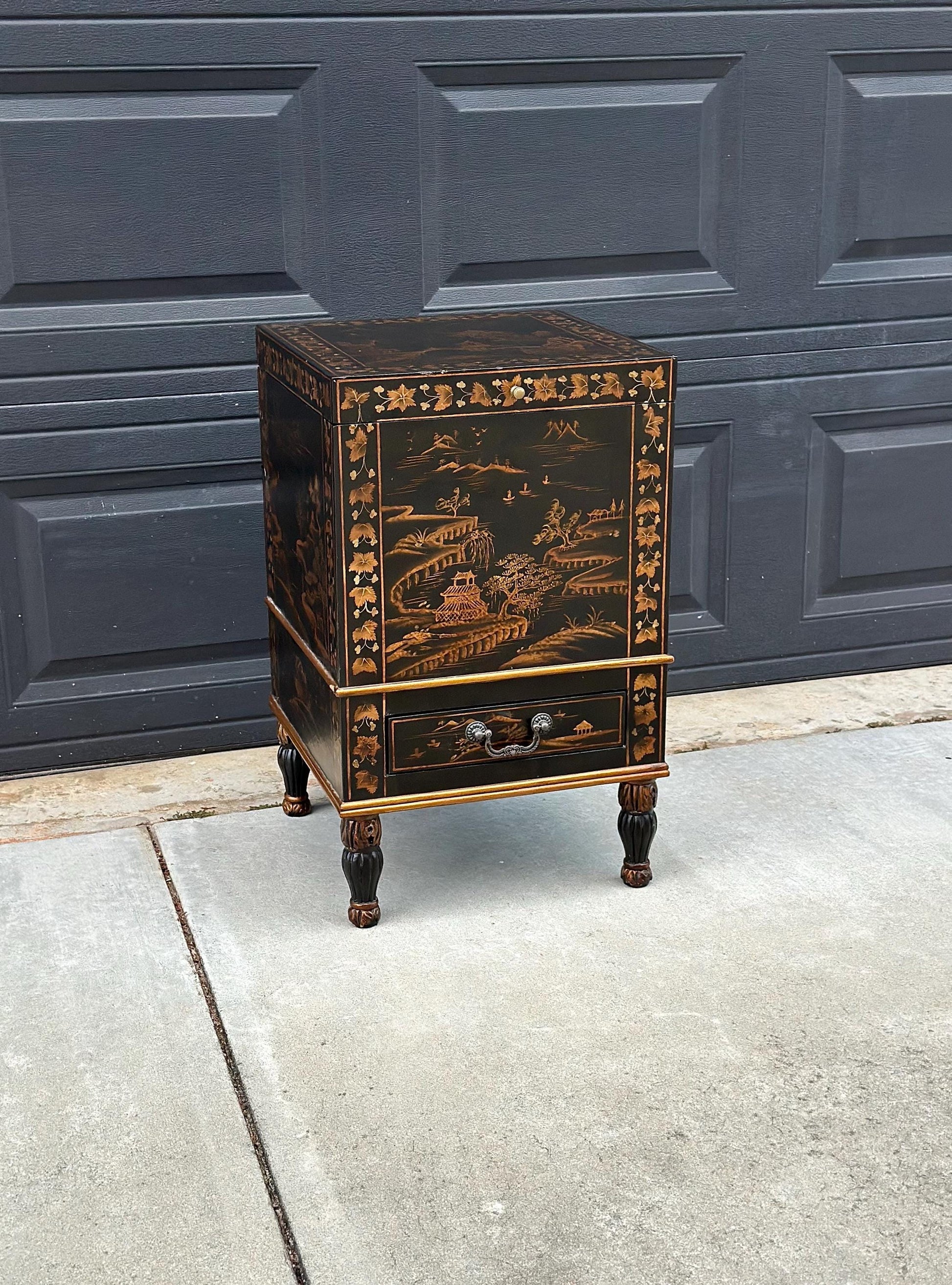 Antique Mid 1900's Oriental Black & Gold Hand Painted Lift Top Table with Drawer