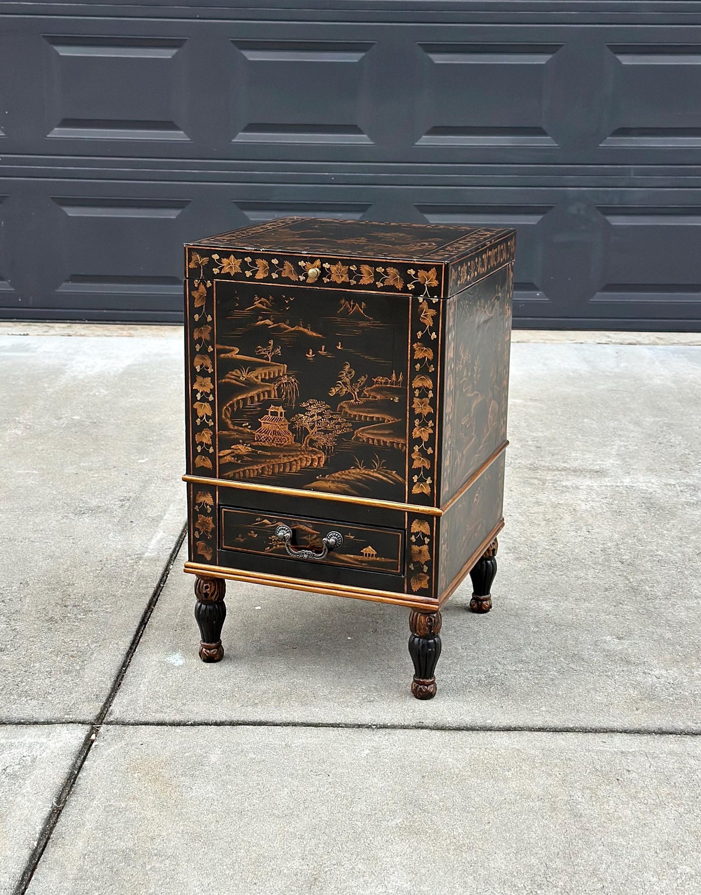 Antique Mid 1900's Oriental Black & Gold Hand Painted Lift Top Table with Drawer