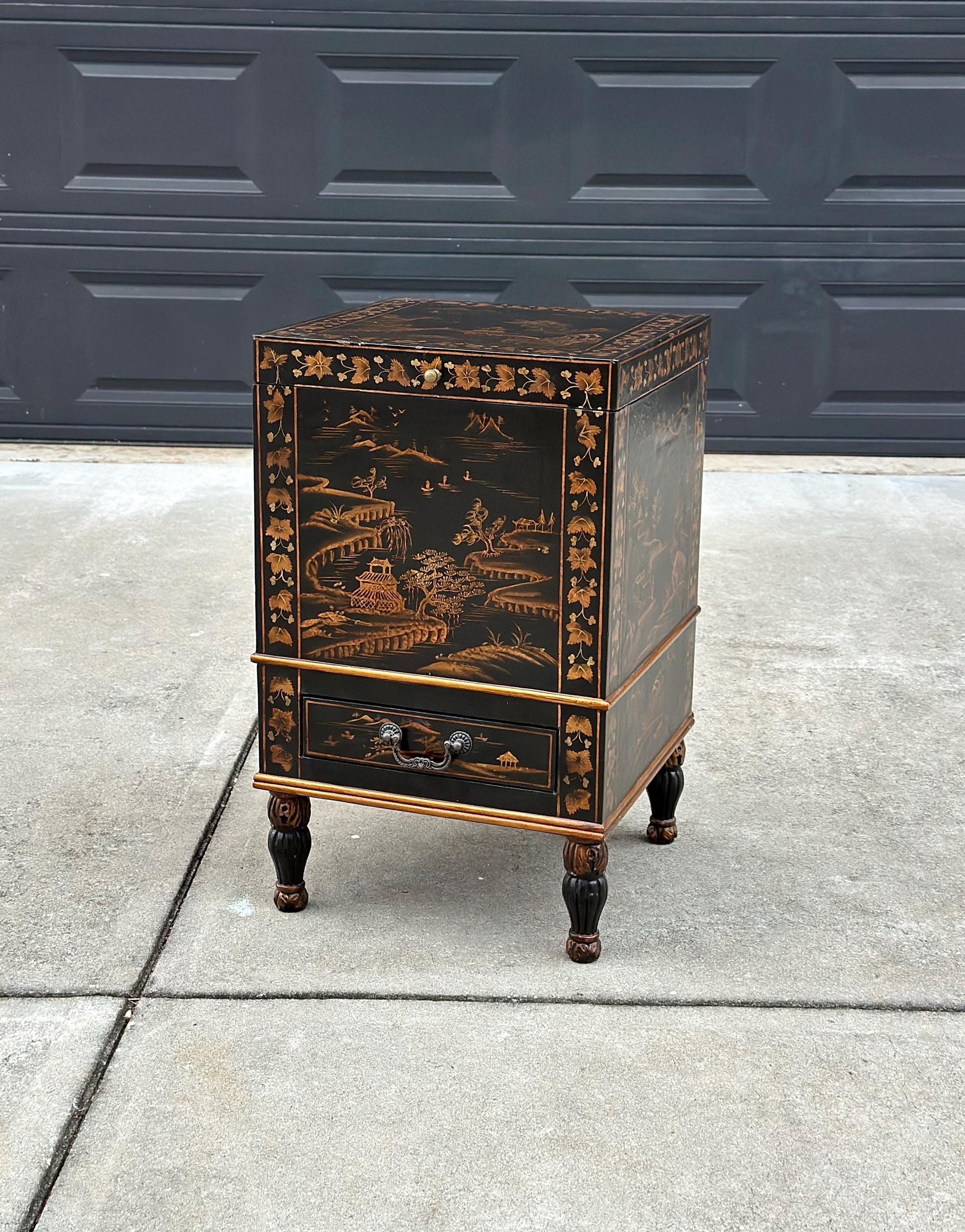 Antique Mid 1900's Oriental Black & Gold Hand Painted Lift Top Table with Drawer